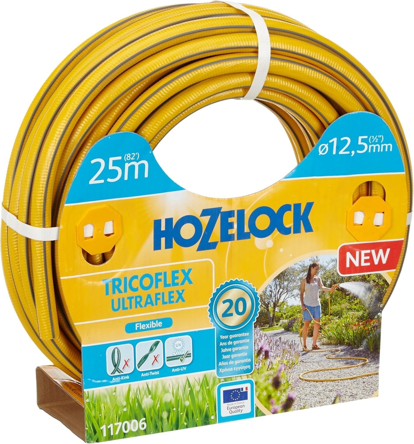 HOZELOCK - Tuyau Tricoflex Ultraflex Ø 12,5 mm (1/2") 20 M : Tuyau d'arrosage flexible, résistant aux intempéries, résistant à la torsion et à la flexion, composé à 40 % de PVC recyclé [117002], jaune