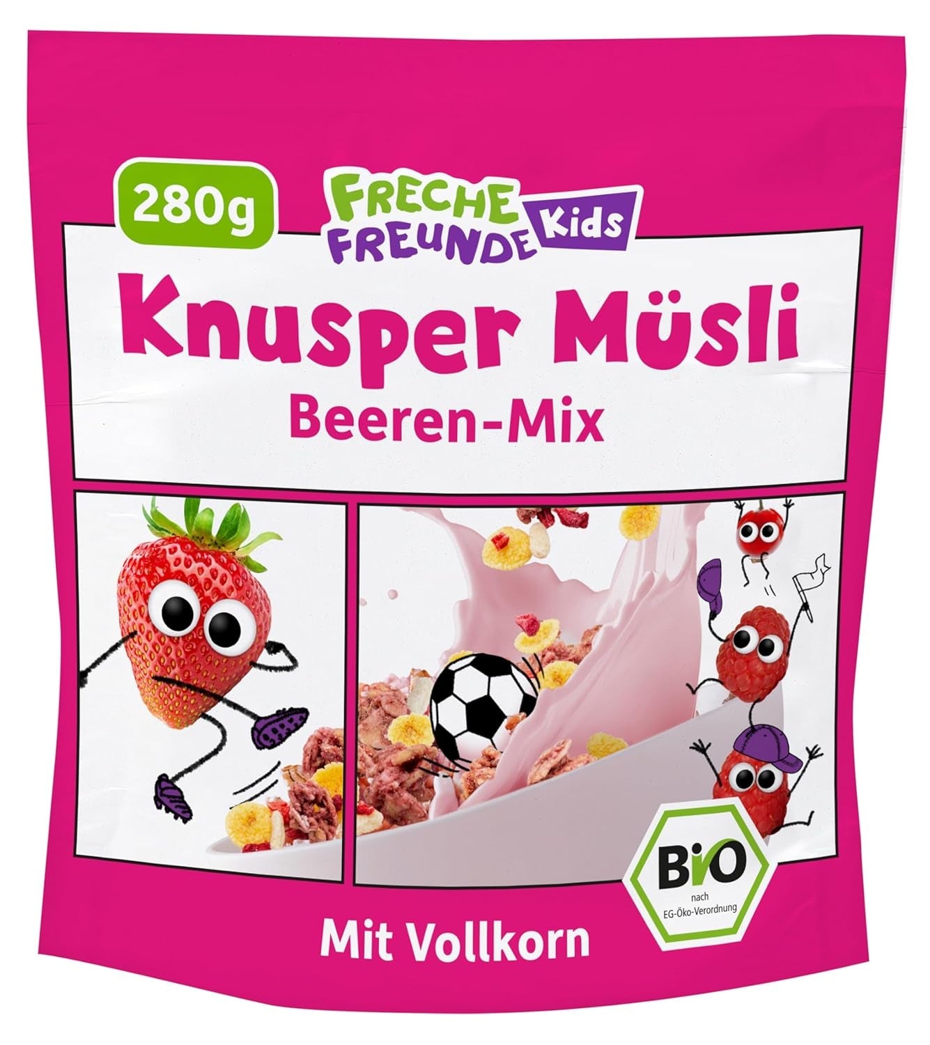 FRECHE FREUNDE Muesli de petit-déjeuner bio Mélange de muesli croquant aux baies d'Edda pour écoliers avec fraises lyophilisées Vegan 6 Pack (6 x 280g)
