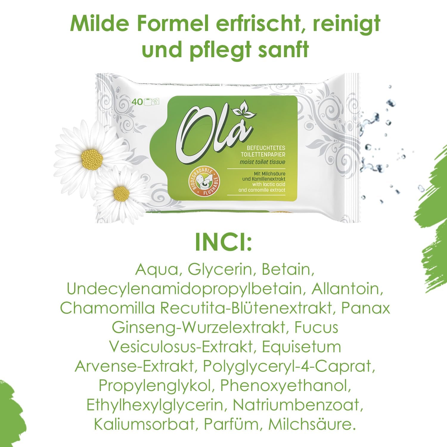 Papier toilette humide OLA - (1X40 pièces) Lingettes humides - extrait de camomille et acide lactique, lavables, peaux sensibles - 40 pièces