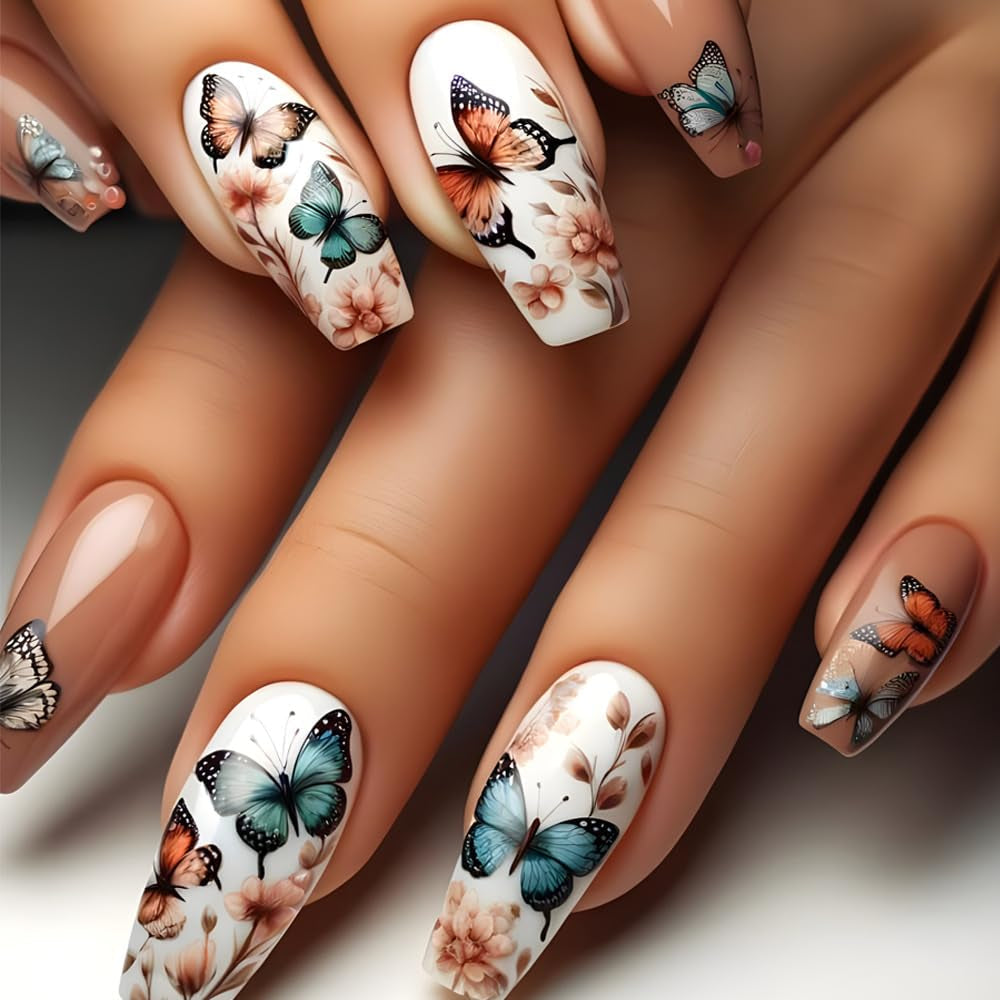 24 pièces presse longue sur les ongles cercueil ongles artificiels fleur de papillon ongles adhésifs blanc marron ensemble d'ongles en acrylique conseils d'ongles femmes printemps été accessoires pour ongles