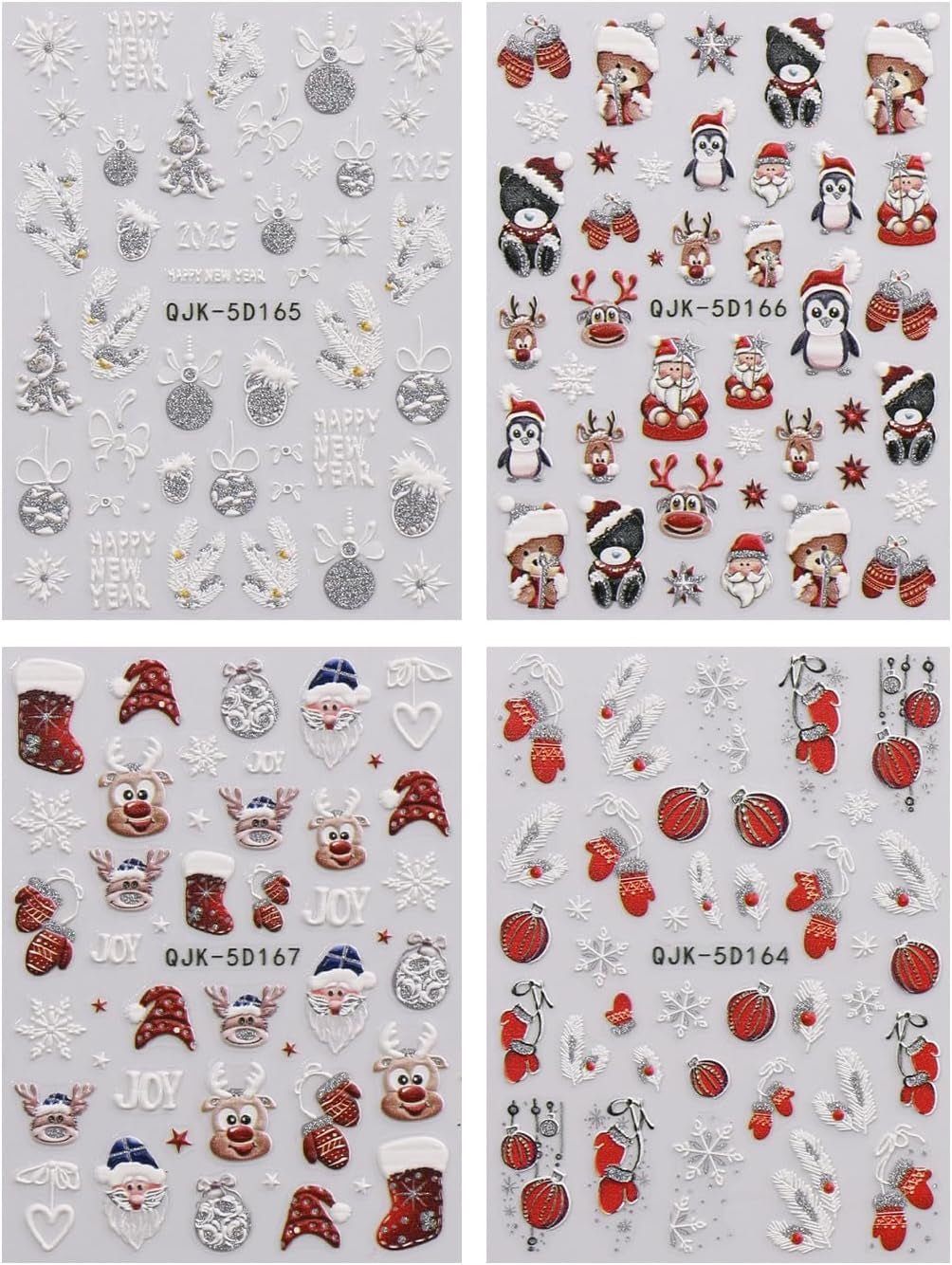 JMEOWIO 3D Nagelsticker Weihnachten Glitzer Nail Art Sticker Selbstklebend Nagelaufkleber 5D Stereoskopisch Schneeflocke Winterurlaub Suß Dekoration Nageldesign Zubehör 4 Blatt
