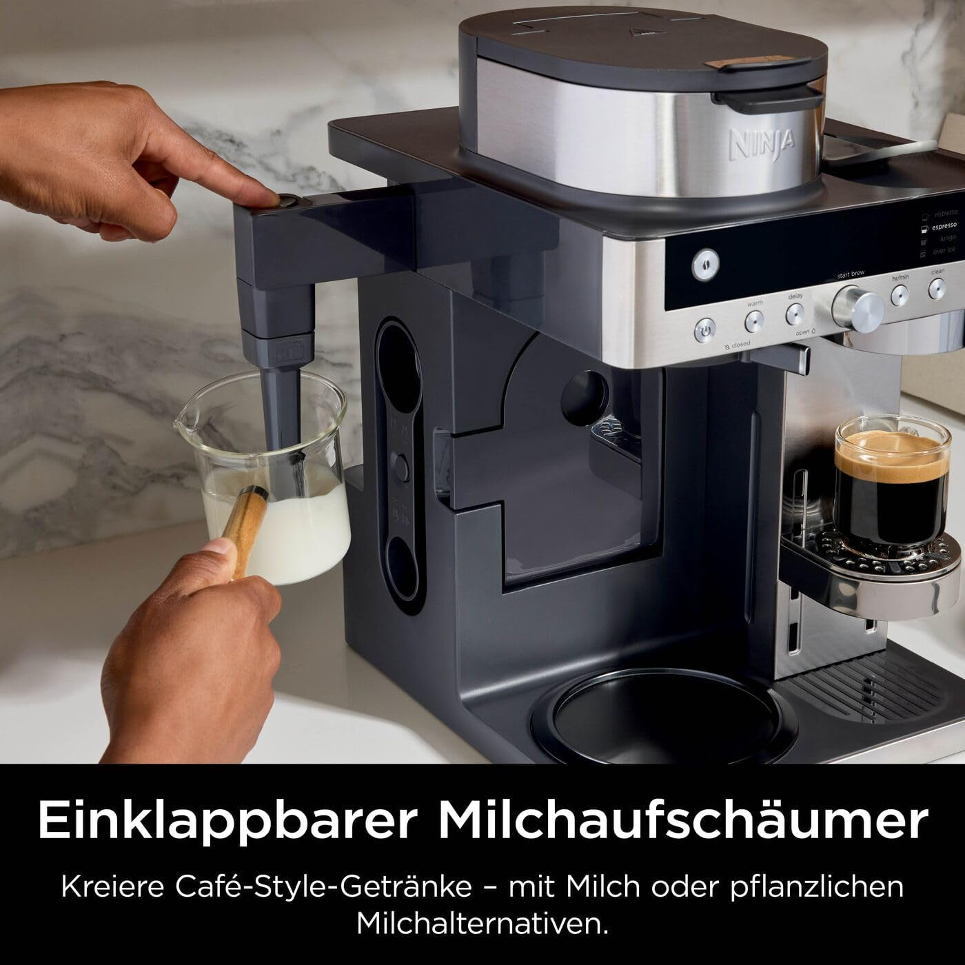 Ninja Prestige Cafetière filtre 2 en 1 avec capsules et mousseur à lait intégré, pour latte, café glacé et Flat White, noir CFN802EU