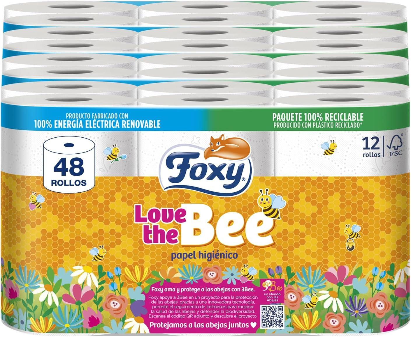J’aime l’abeille | Papier toilette 3 épaisseurs | 48 rouleaux | 167 services au programme | Certificat Fsc | Électricité 100% renouvelable | Emballage recyclable fabriqué à partir de plastique recyclé