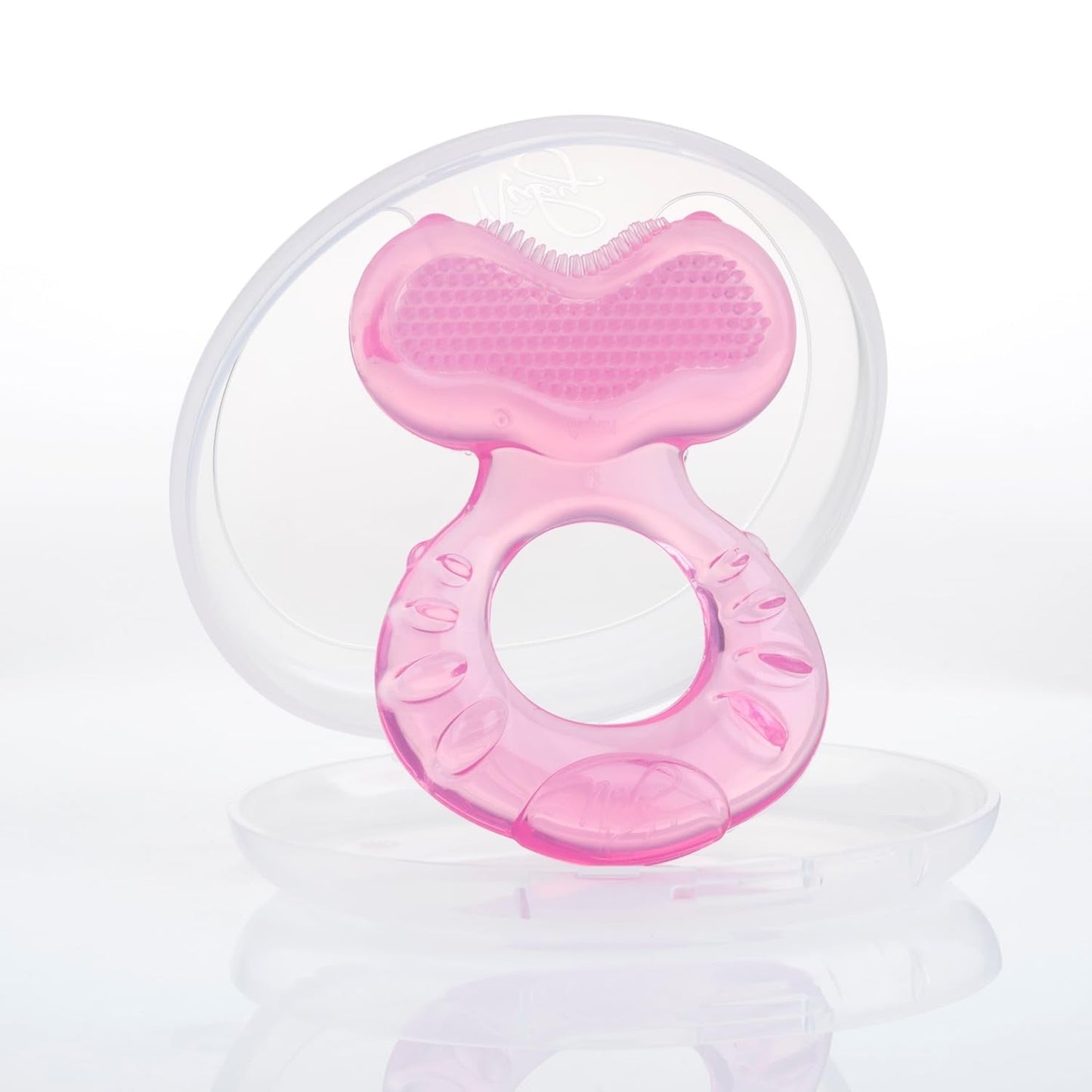 Nuby Teethe-eez Anneau de dentition en silicone souple | Aide à la dentition en silicone avec surface texturée pour masser les gencives | Housse hygiénique incluse | Rose | A partir de 3 mois