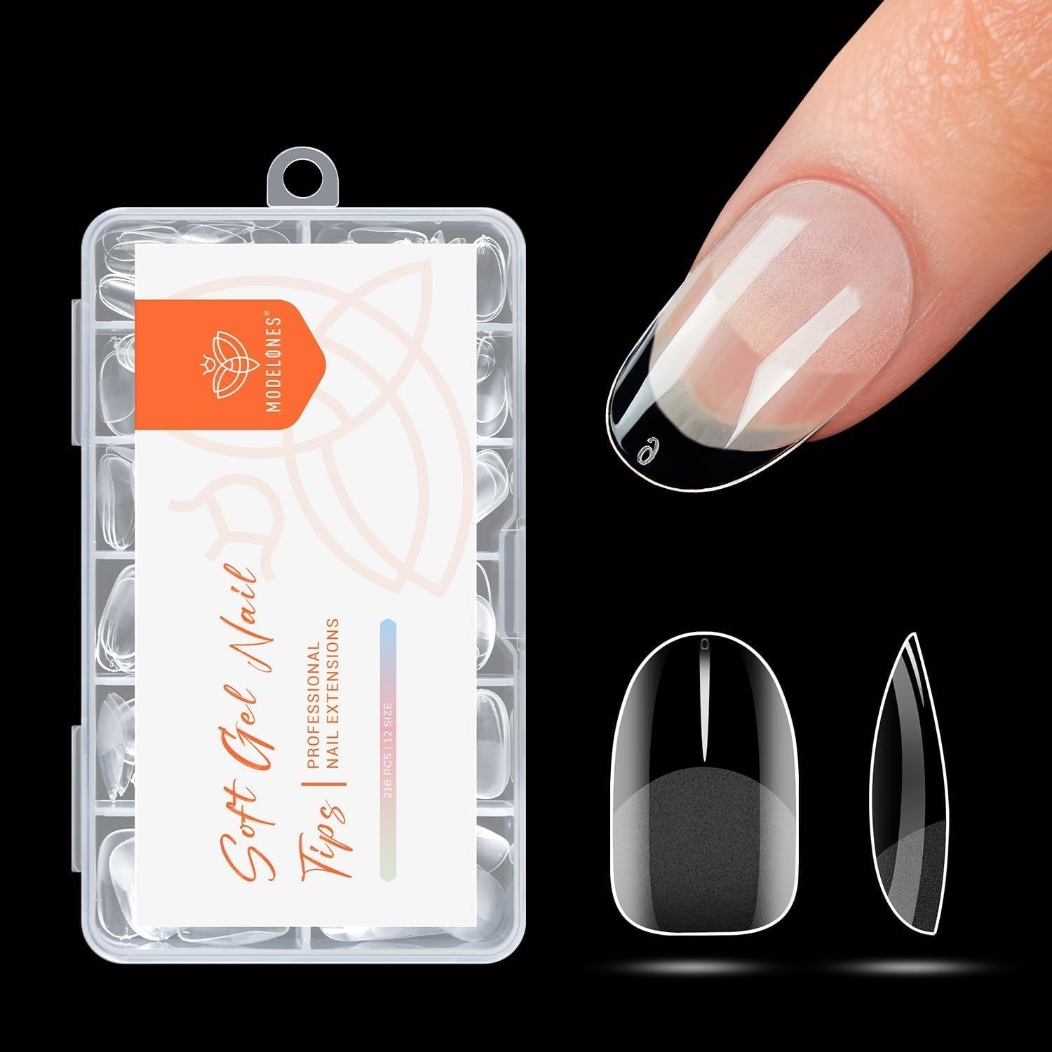 Modelones Nail Tips 216 pièces – Ensemble de pointes d'ongles à couverture complète, ensemble de pointes en gel souple, pointes d'ongles en résine PMMA pré-polissage, colle DIY sur ongles artificiels Nail Art, amandes courtes XS