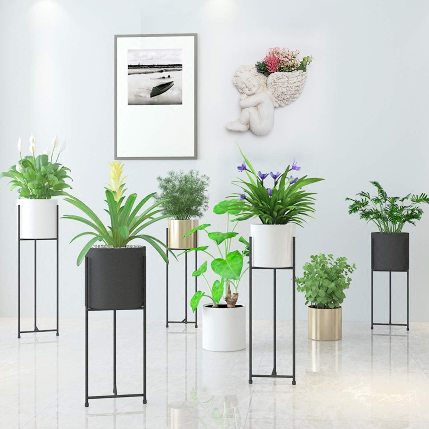 Pot de fleurs monté sur mur et surface plane 20 cm de hauteur Tête d'ange Support mural Support de fleur Vase Visage de poupée Pot en résine Pots de récipient pour plantes de table