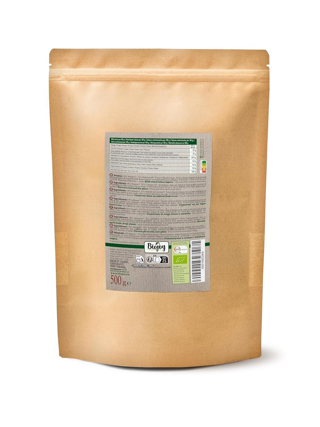 Chips de banane bio Biojoy (500 g), produits déshydratés Naty Shop séchés et non sulfurés