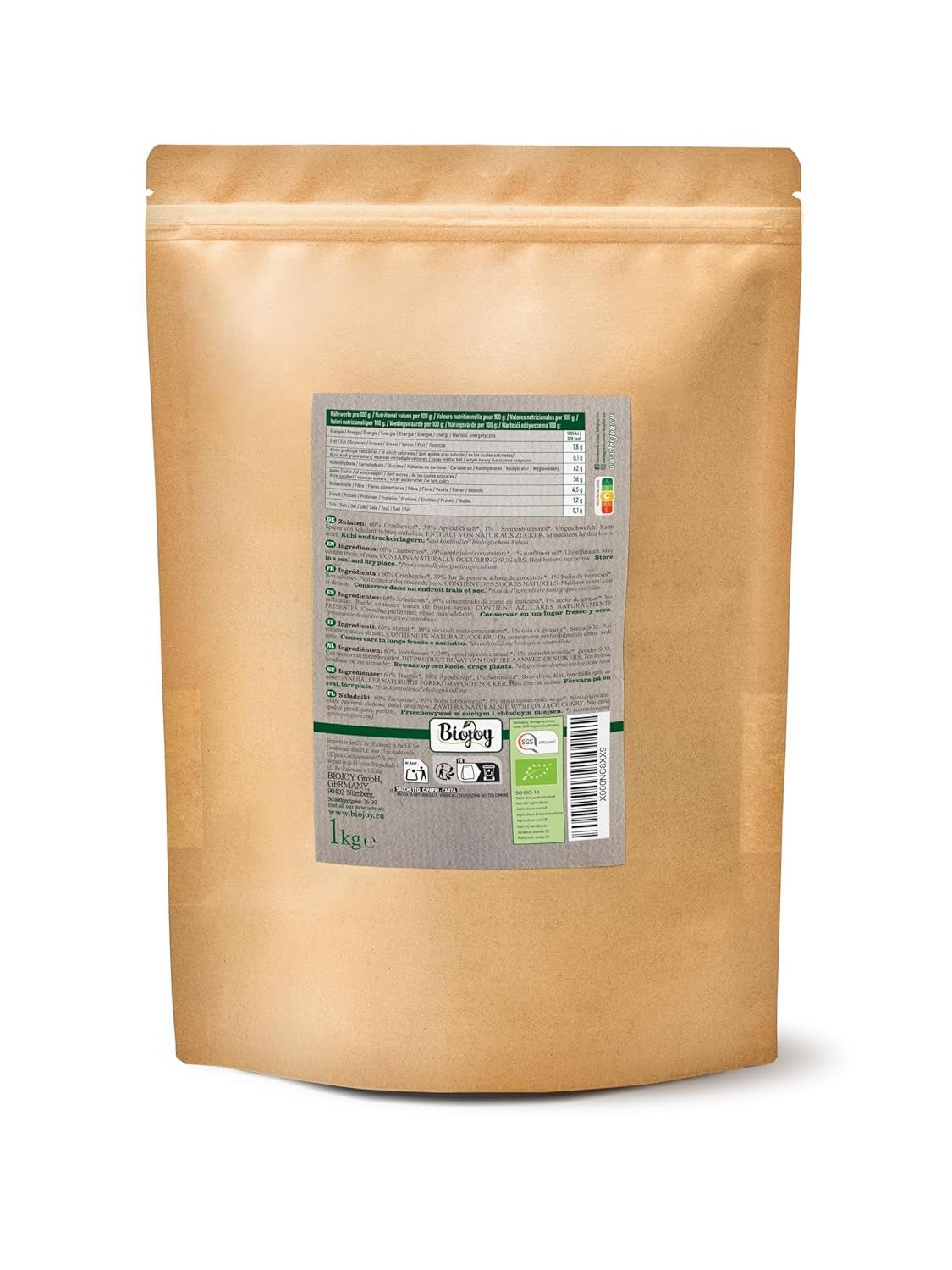 Canneberges séchées bio Biojoy (1 kg), canneberges sucrées au sirop de pomme Produits déshydratés Naty Shop