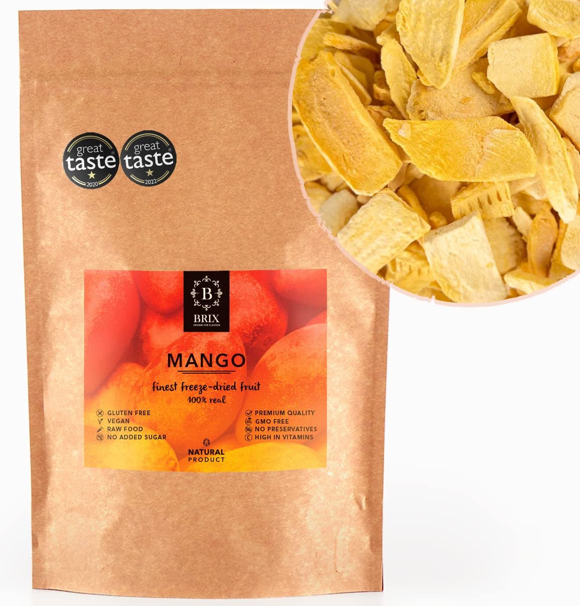 BRIX Mangue lyophilisée | Tranches de mangue séchées naturelles 95 g | Fruits secs Great Taste Award, mangue lyophilisée | Sans OGM, sans gluten, végétalien, vitamines retenues Naty Shop Produits déshydratés Titre par défaut