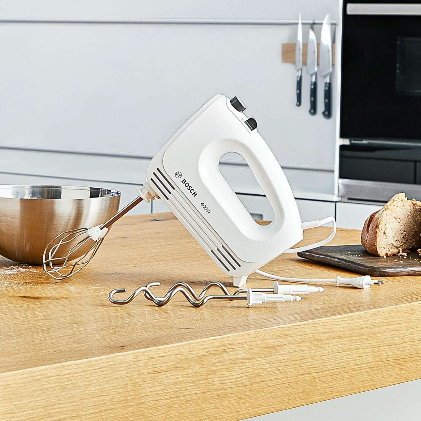 Bosch Hausgeräte Handrührer Clevermixx MFQ24200, 2 Rührbesen, 2 Spülmaschinengeeignet, 4 Stufen, Leicht, Leise, 400 W Blanc/Edelstahl Cuisine Naty Shop