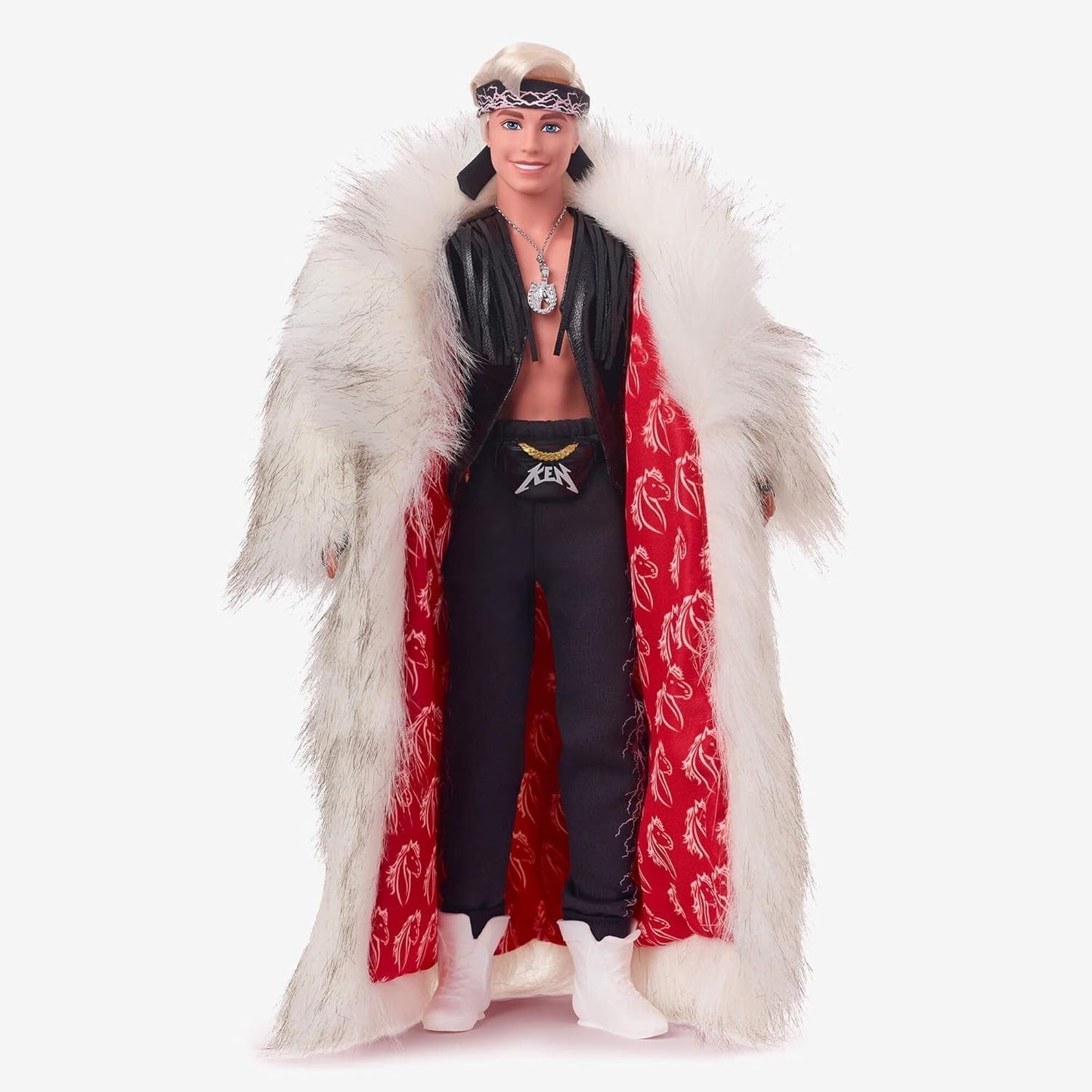 Poupée Ken de collection Barbie le film portant un pardessus en fausse fourrure et un gilet à franges noir avec bandana, HRF31 Naty Shop Dolls