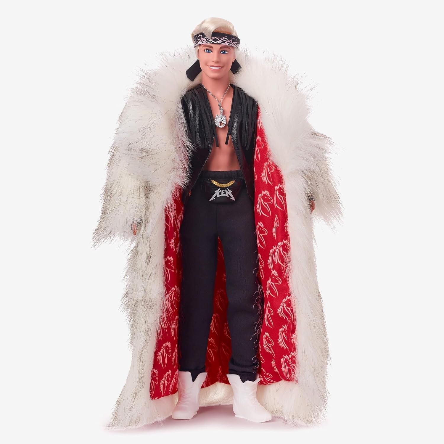 Poupée Ken de collection Barbie le film portant un pardessus en fausse fourrure et un gilet à franges noir avec bandana, HRF31 Naty Shop Dolls