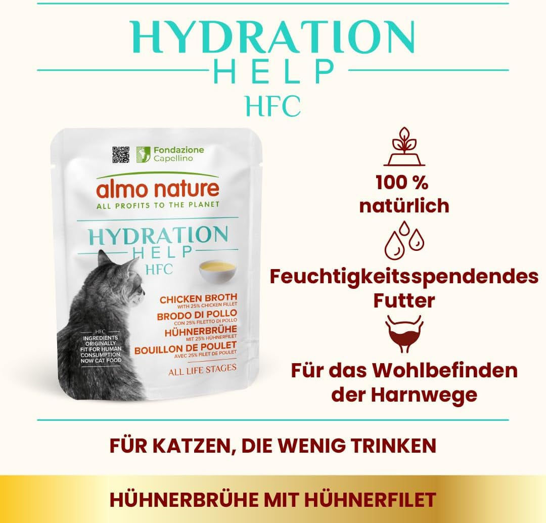 almo nature HFC Hydration Help Nourriture humide pour chat - Soupe de poulet et filets de poulet - Convient à l'usage humain, Sans gluten, Monoprotéine, 50 g, 24 pièces, 1,2 kg