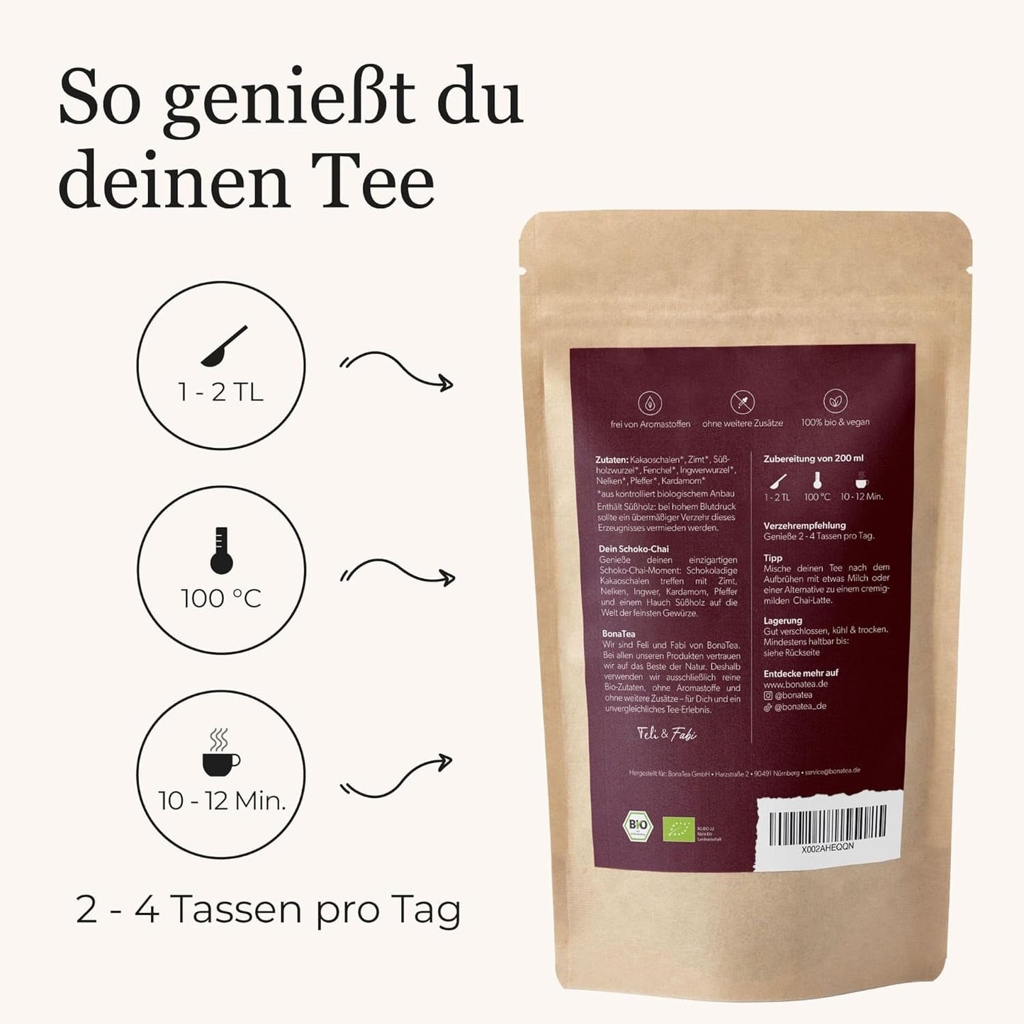 Thé épicé BIO Schoko Chai sans sucre, avec cabosses de cacao, cannelle, réglisse et autres épices aromatiques Chai, 100 g