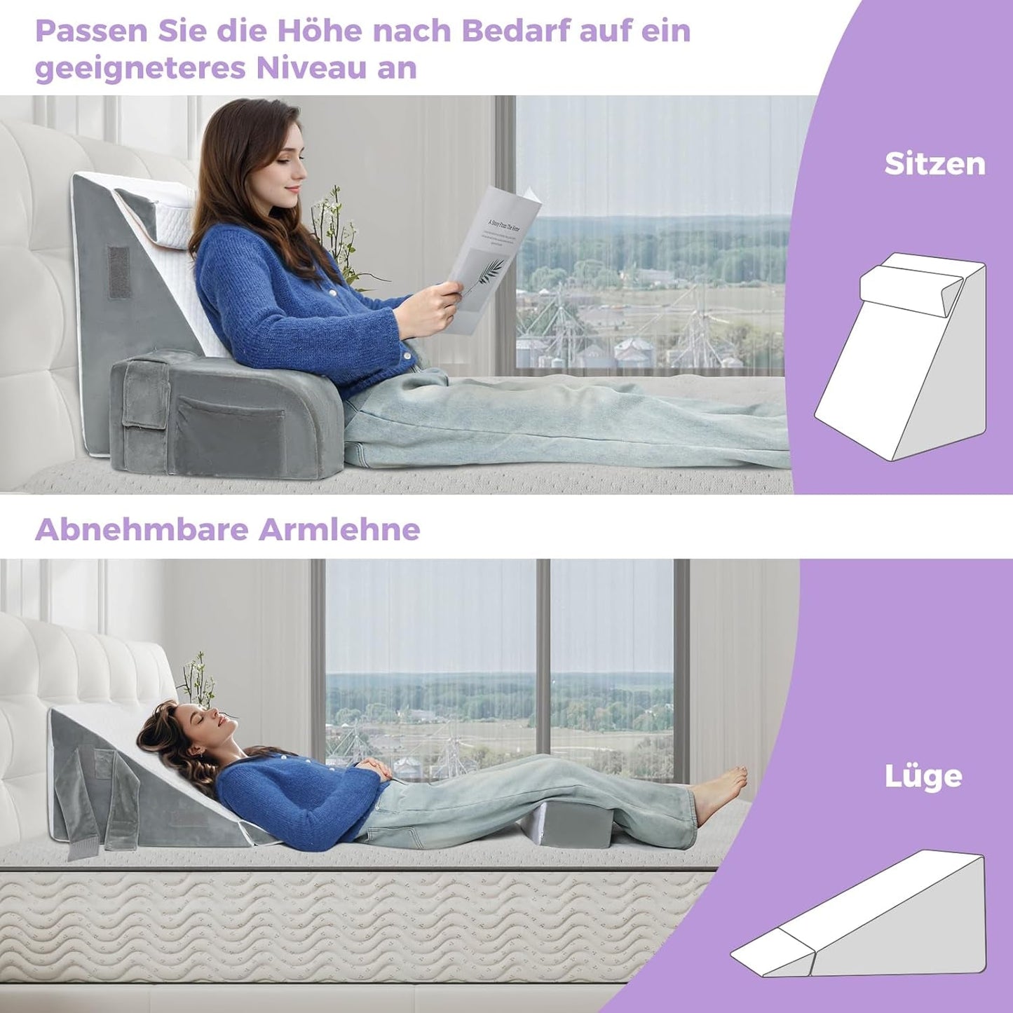 Grand oreiller de lecture avec barre de poignée, mousse haute densité, oreiller ergonomique pour le dos, accoudoirs, support de cou et appui-tête, coussin de siège inclinable pour dormir, jouer, regarder la télévision, pour lit et canapé