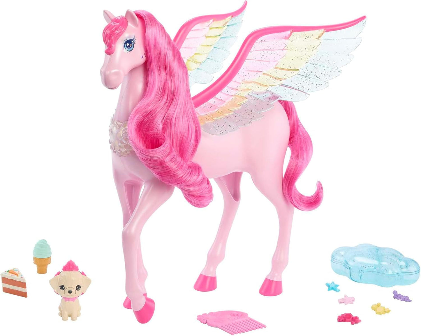 Barbie Pegasus Magic Hide and Seek - Jouet interactif avec lumières et sons, 10 accessoires, ailes arc-en-ciel, à partir de 3 ans, HLC41