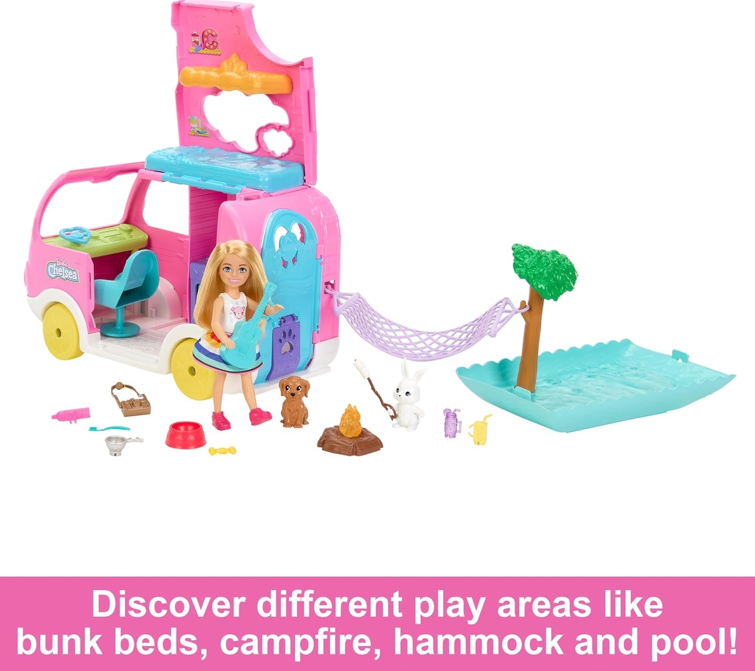Barbie Chelsea Caravane 2 en 1 – Véhicule jouet avec piscine, hamac et coin repas pour un jeu imaginatif et l'heure du conte, à partir de 3 ans, HNH90