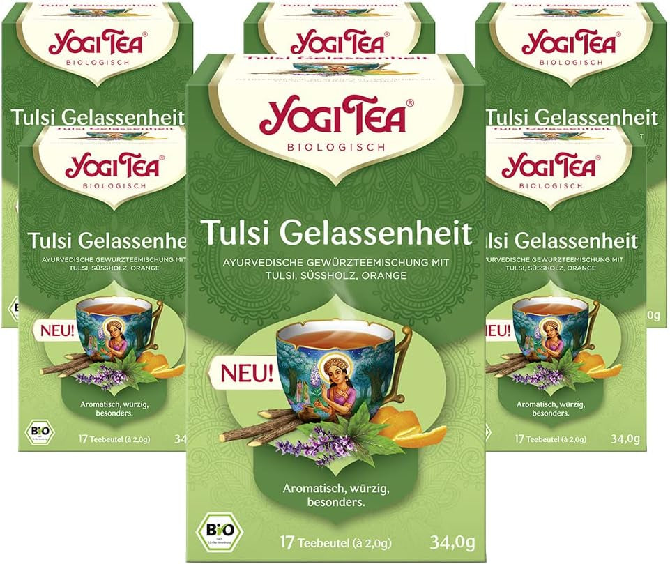 Yogi Tea - Tulsi Serenity, tisane ayurvédique, sans caféine, mélange Tulsi - basilic sacré, réglisse et orange, Yogi Tea, paquet de 6, 6 x 17 sachets de thé (102 sachets de thé)