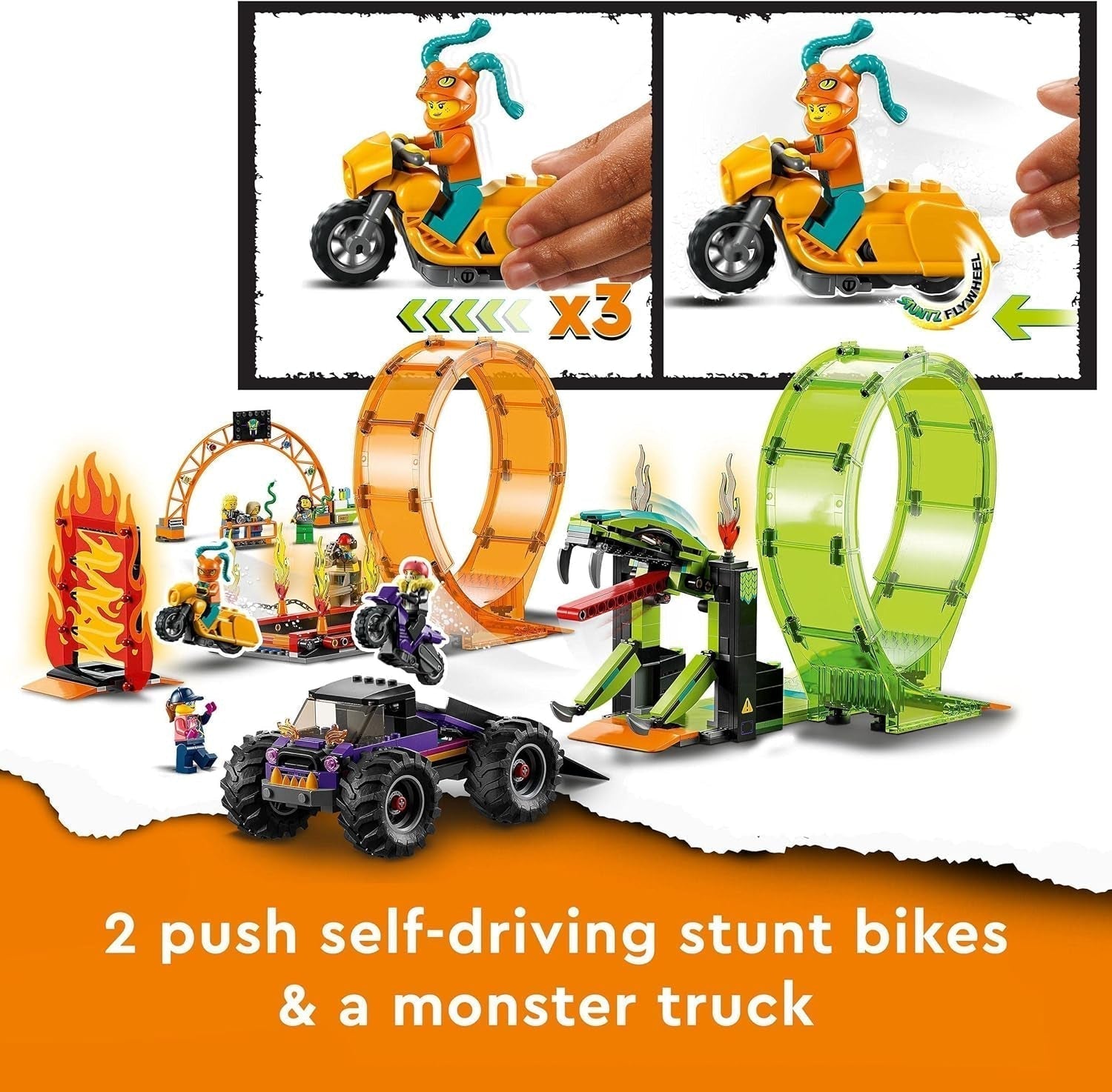 LEGO 60339 City Stuntz Ensemble de double boucle pour le spectacle de cascades, Incl. rampe, camion monstre, 2X moto et 7 figurines, jouet pour enfants à partir de 7 ans Jeux de construction Besuche den LEGO-Store