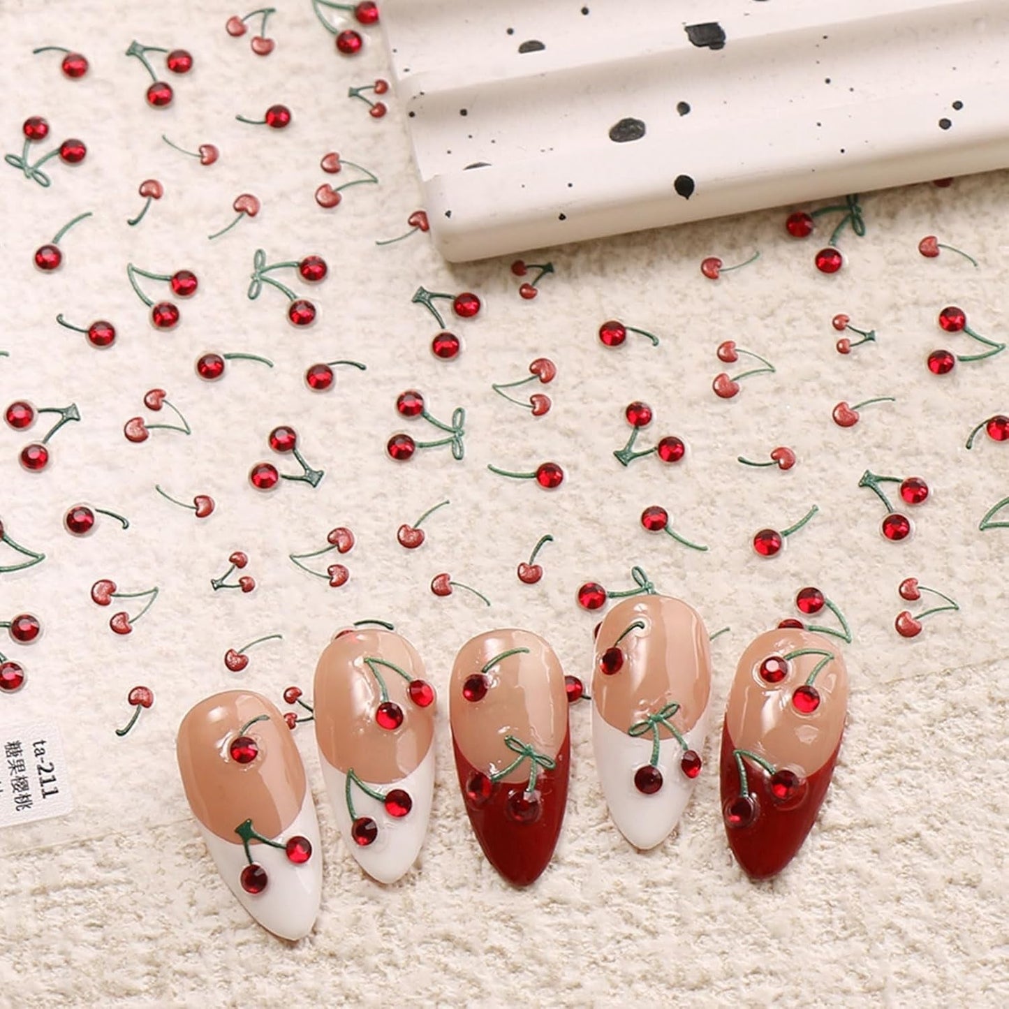 JMEOWIO 3D Nagelsticker Kirsche Nail Art Sticker Selbstklebend Nagelaufkleber 5D Stéréoscopique Décoration Nageldesign Zubehör 1 Blatt