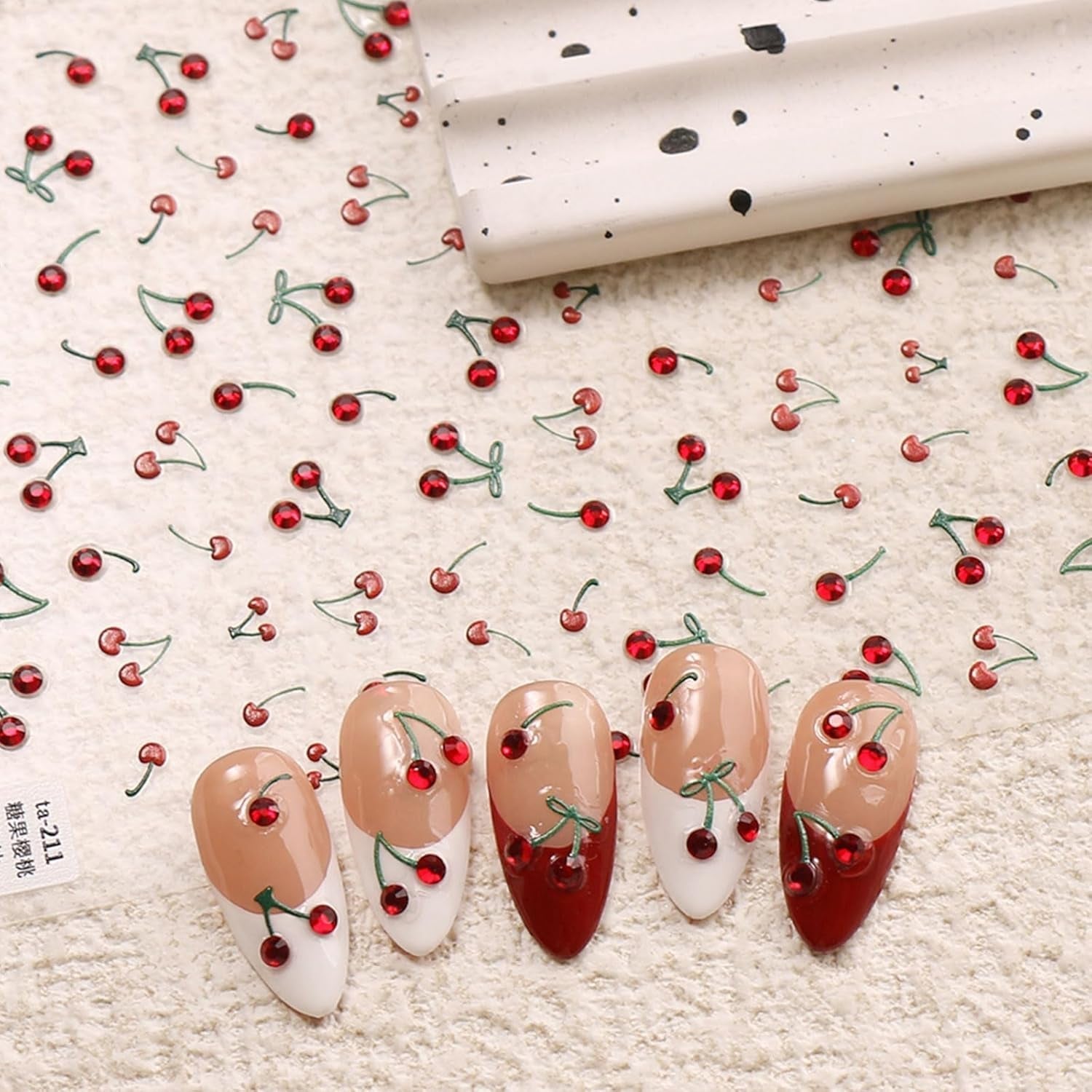 JMEOWIO 3D Nagelsticker Kirsche Nail Art Sticker Selbstklebend Nagelaufkleber 5D Stéréoscopique Décoration Nageldesign Zubehör 1 Blatt