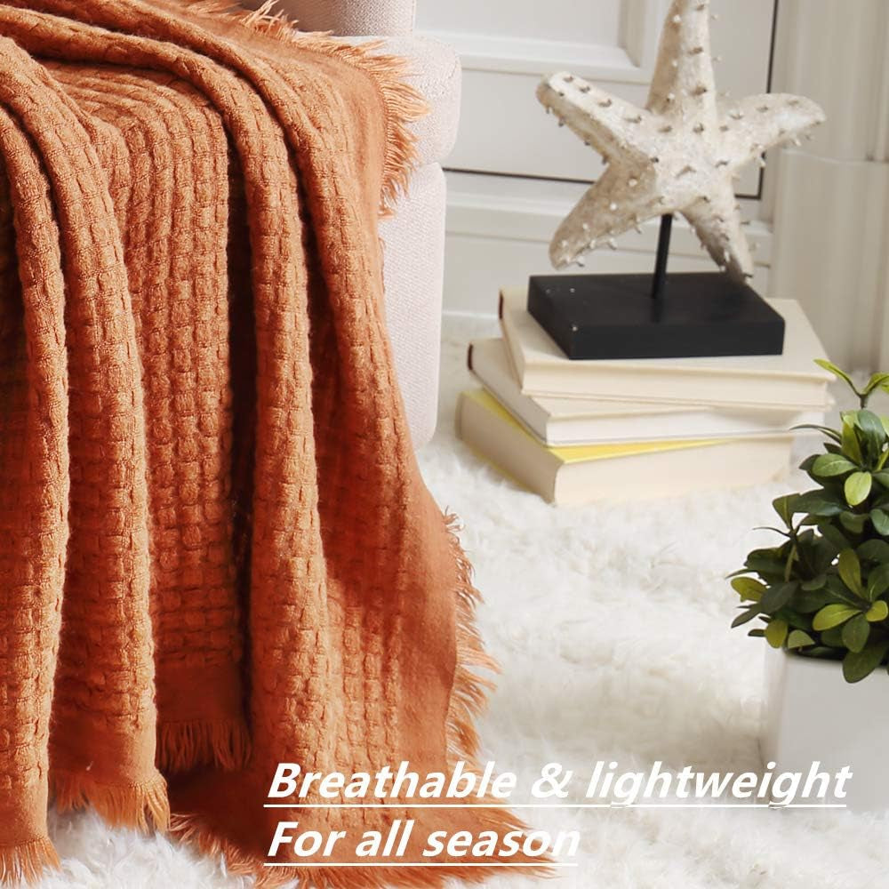 CREVENT Couverture tricotée rouille pour canapé, chaise, lit, décoration d'intérieur, douce, chaude, confortable, légère, printemps, été, automne (127,8 x 152,4 cm caramel/marron/orange brûlé) CREVENT Lits et couvertures