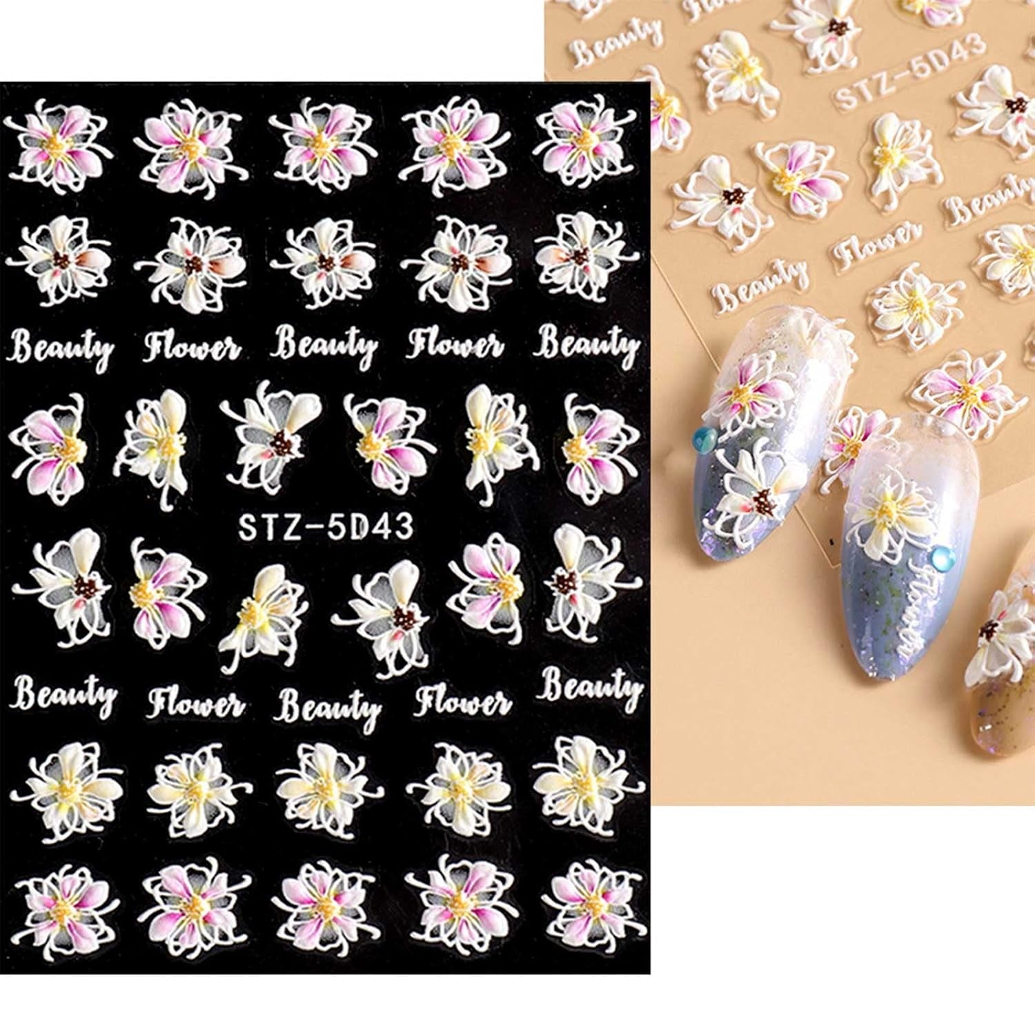 JMEOWIO Autocollants de manucure 3D pour ongles, fleurs, autocollants pour nail art, autocollants auto-adhésifs, bandes stéréoscopiques 5D, décoration de fleurs d'été, design de manucure, 4 feuilles
