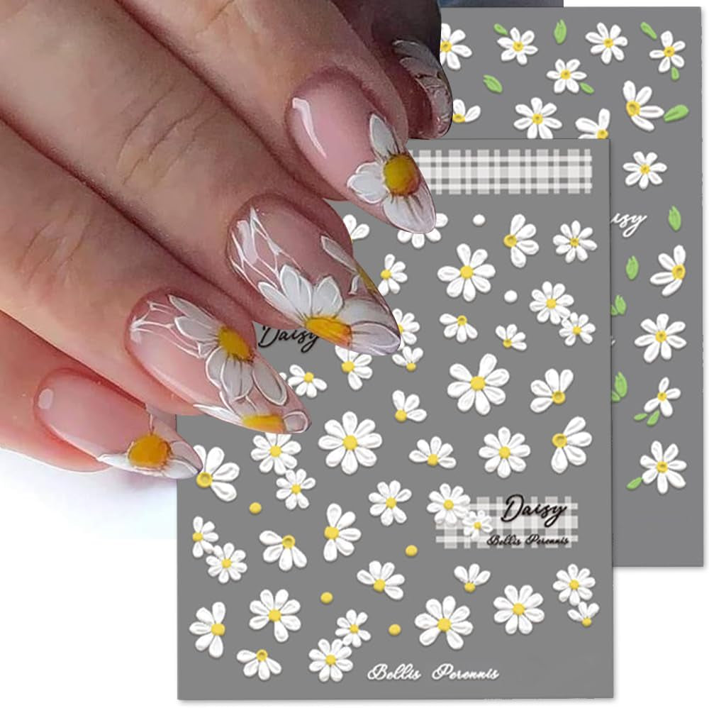 Autocollants pour ongles en forme de marguerites blanches en relief 5D, autocollants pour ongles, feuilles de fleurs, autocollants pour Nail Art, accessoires de décoration d'ongles, autocollants de conception de fleurs, Nail Art