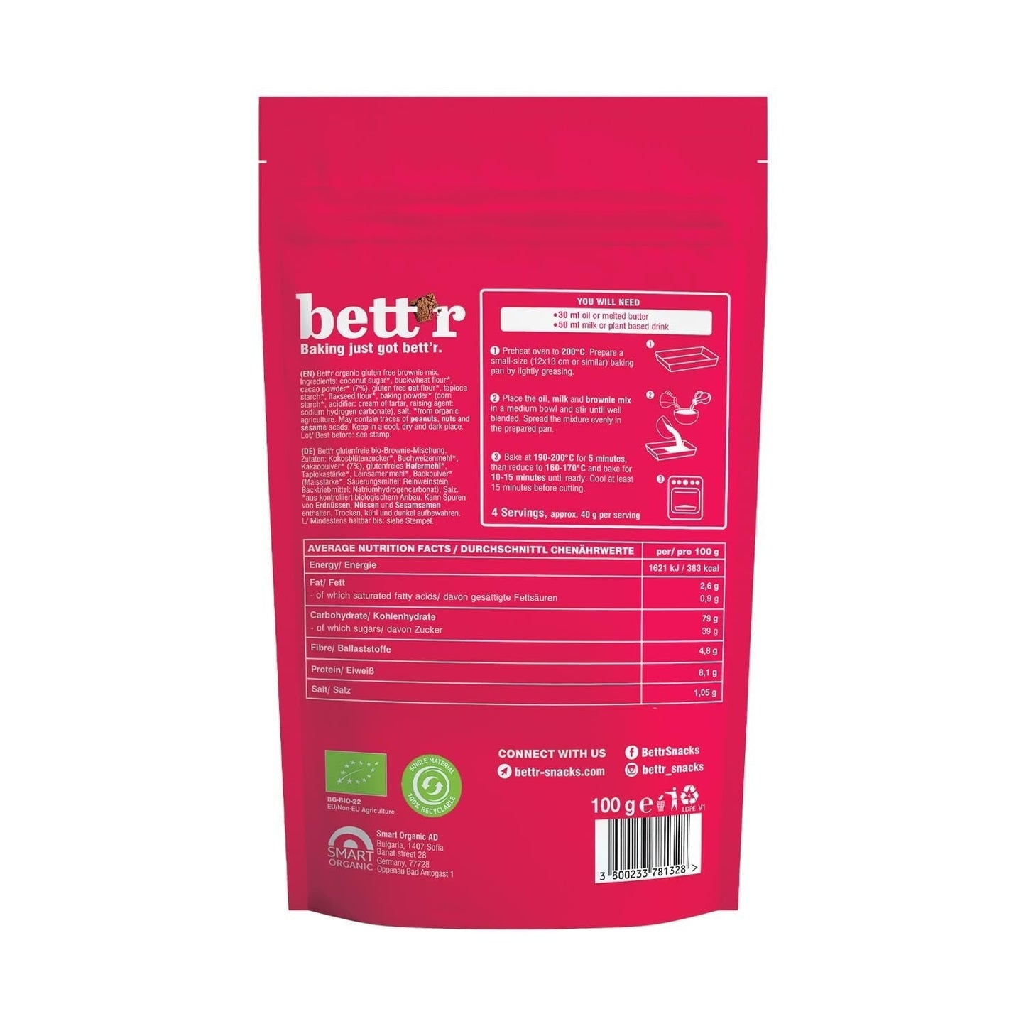 Bettr Organic Brownie Mix - Brownies bio, végétaliens et sans gluten avec des biscuits secs riches - 400 G - 15 portions Naty Shop