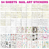 FANDAMEI 54 Blätter Wassertransfer Nagelsticker & Nail Art Pinsel Set, Stylos à pointillés, Blattgold pour l'art de l'art, bande de strass, strass, travail et décoration, ensemble pour l'art de l'art