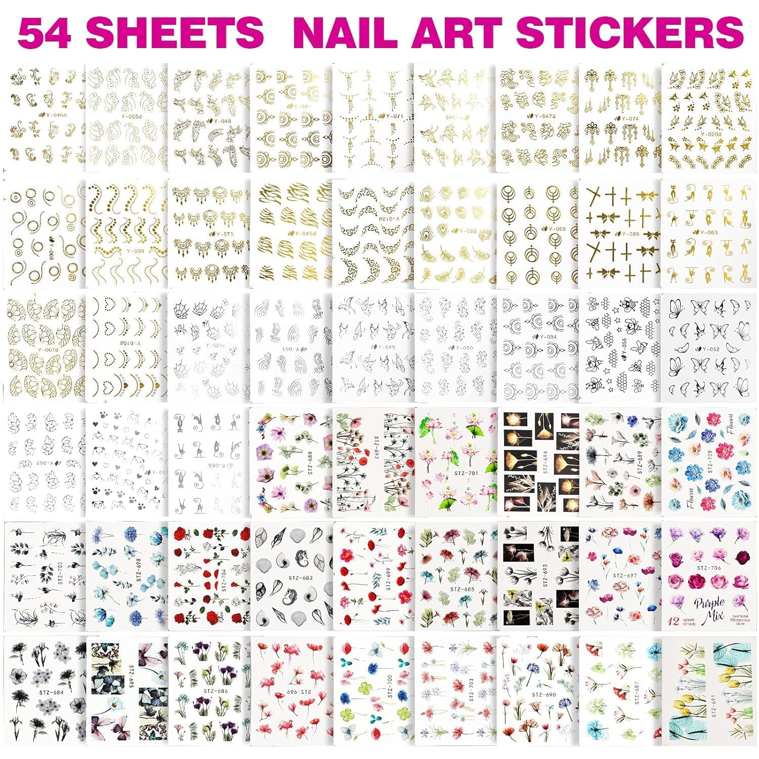 FANDAMEI 54 Blätter Wassertransfer Nagelsticker & Nail Art Pinsel Set, Stylos à pointillés, Blattgold pour l'art de l'art, bande de strass, strass, travail et décoration, ensemble pour l'art de l'art