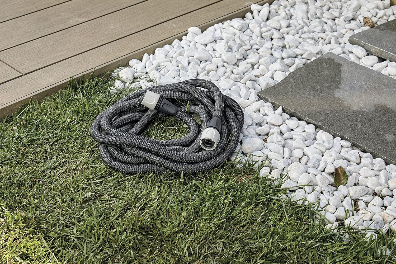 GF SRL, Aquapop Grey Easy 10, tuyau tressé auto-extensible de 10 mètres, fabriqué en Italie, avec mini pulvérisateur de jardin et connecteurs pour l'irrigation du jardin, gris foncé