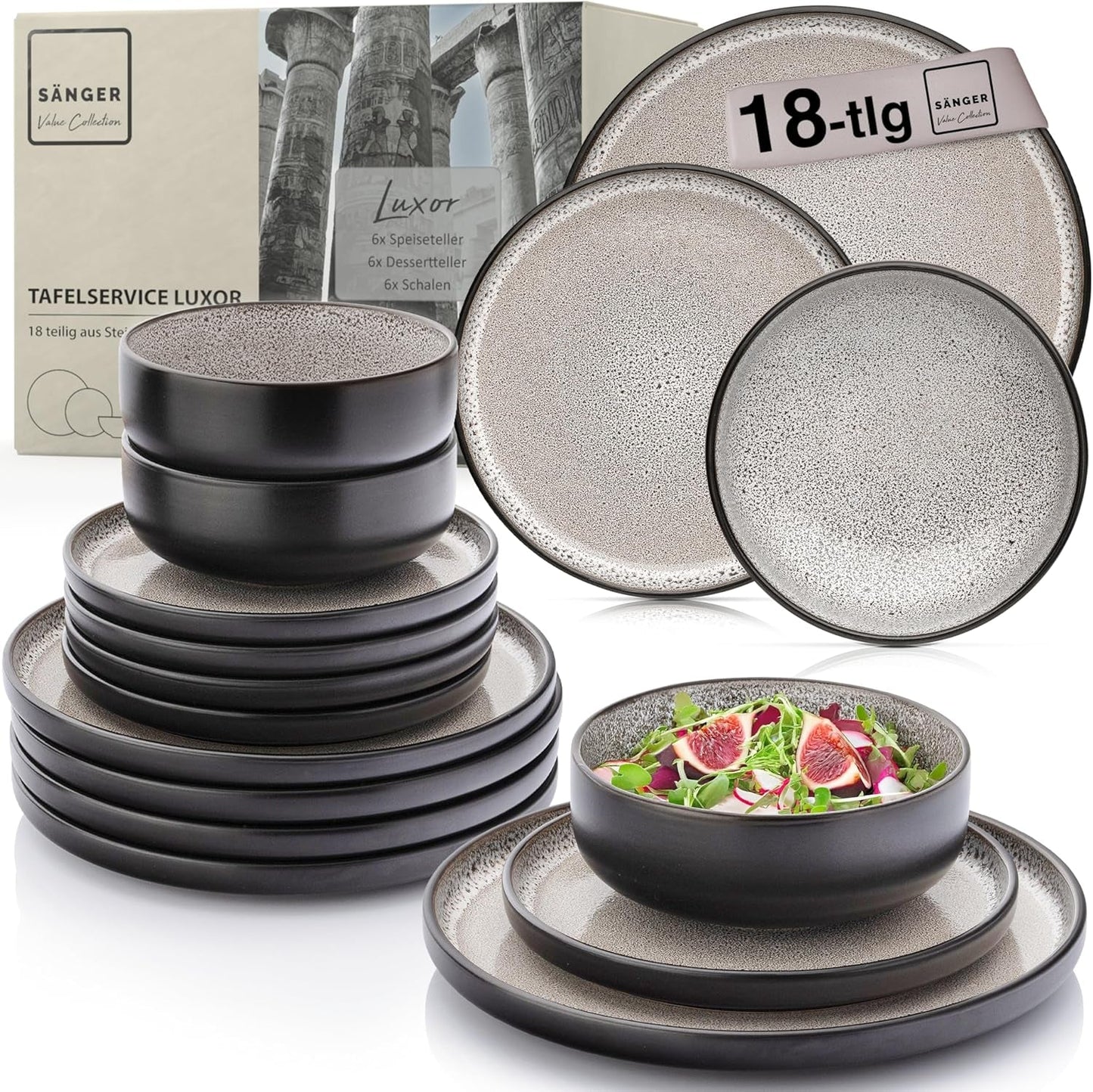 SÄNGER Louxor | Service de table en grès, 18 pièces, service d'assiettes pour 6 personnes, service de table (6 assiettes plates, 6 bols à céréales, 6 assiettes à dessert), vaisselle marron-beige résistante aux rayures | LA COLLECTION VALEUR