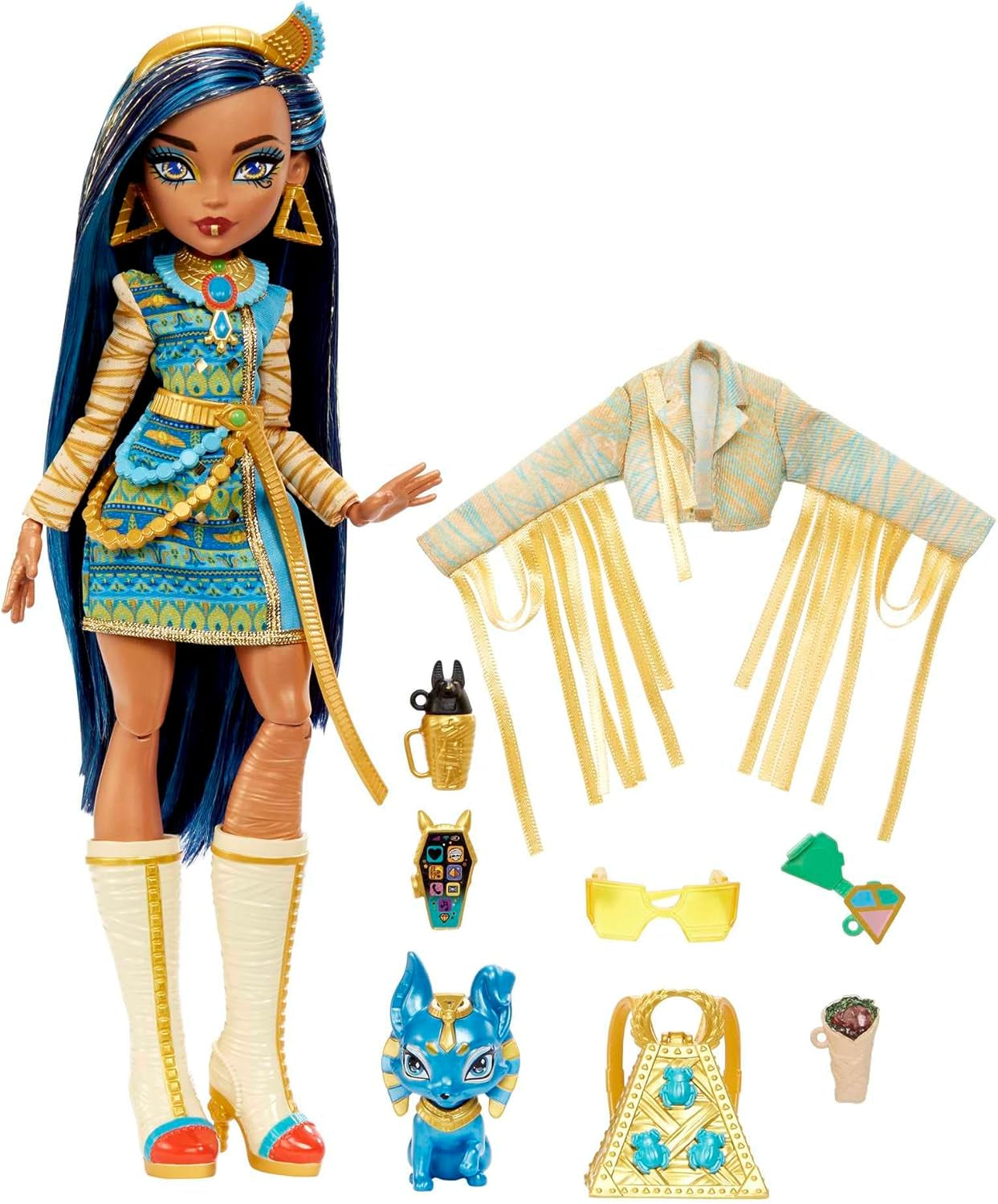 Poupée Monster High Cleo De Nile en chemisier doré et jupe superposée, comprend un animal de compagnie Cobra Hissette et des accessoires tels qu'un sac à dos, une collation et un rouleau de papier, HXH74 Naty Shop Dolls Momie Fashion Doll