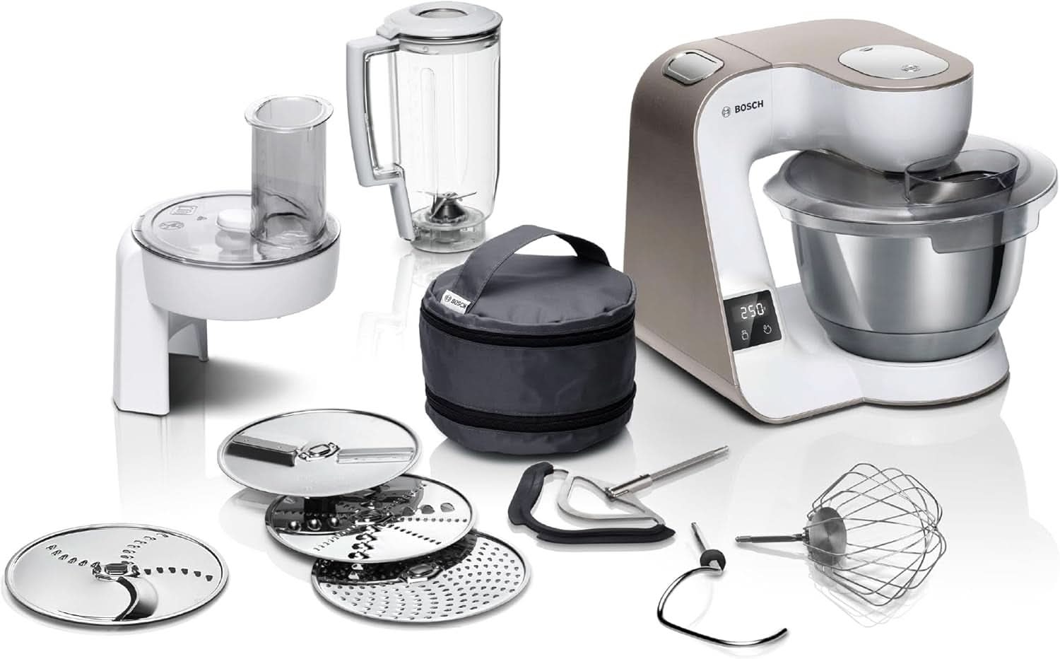 Robot culinaire Bosch Série 4 MUM5X720, balance intégrée, bol inox 3,9L, mixeur 1,25L, 1000W Accessoires Alimentation et Allaitement Bebe Naty Shop Balance intégrée Blanc 2 accessoires