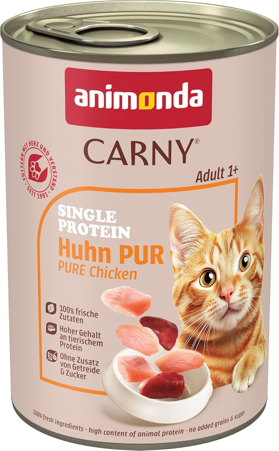 animonda Carny Adult Single Protein Pure Chicken (6 x 400g), nourriture humide pour chats adultes avec une seule source de protéines, nourriture humide pour chats adultes, sans céréales et sans sucre