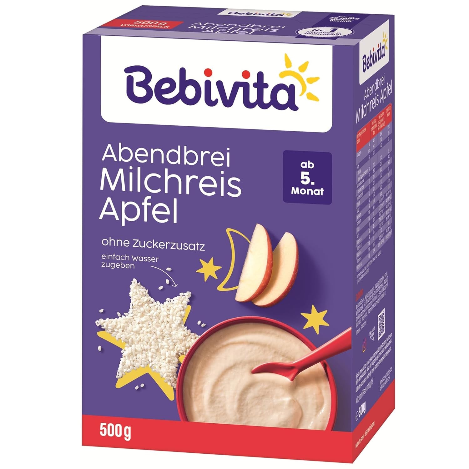Riz au lait aux pommes et bouillie du soir (4x500g), bouillie de lait à partir de 5 mois, avec minéraux et vitamines précieux, sans sucre ajouté, très nourrissant