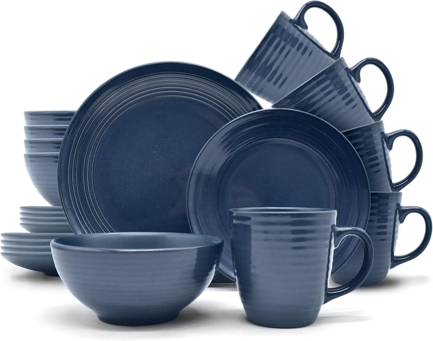 ECHTWERK "Alicia" Service de table combiné vintage 16 pièces, design moderne pour 4 personnes, service de table élégant en grès bleu foncé avec 4 assiettes, 4 assiettes latérales, 4 bols et 4 tasses à thé