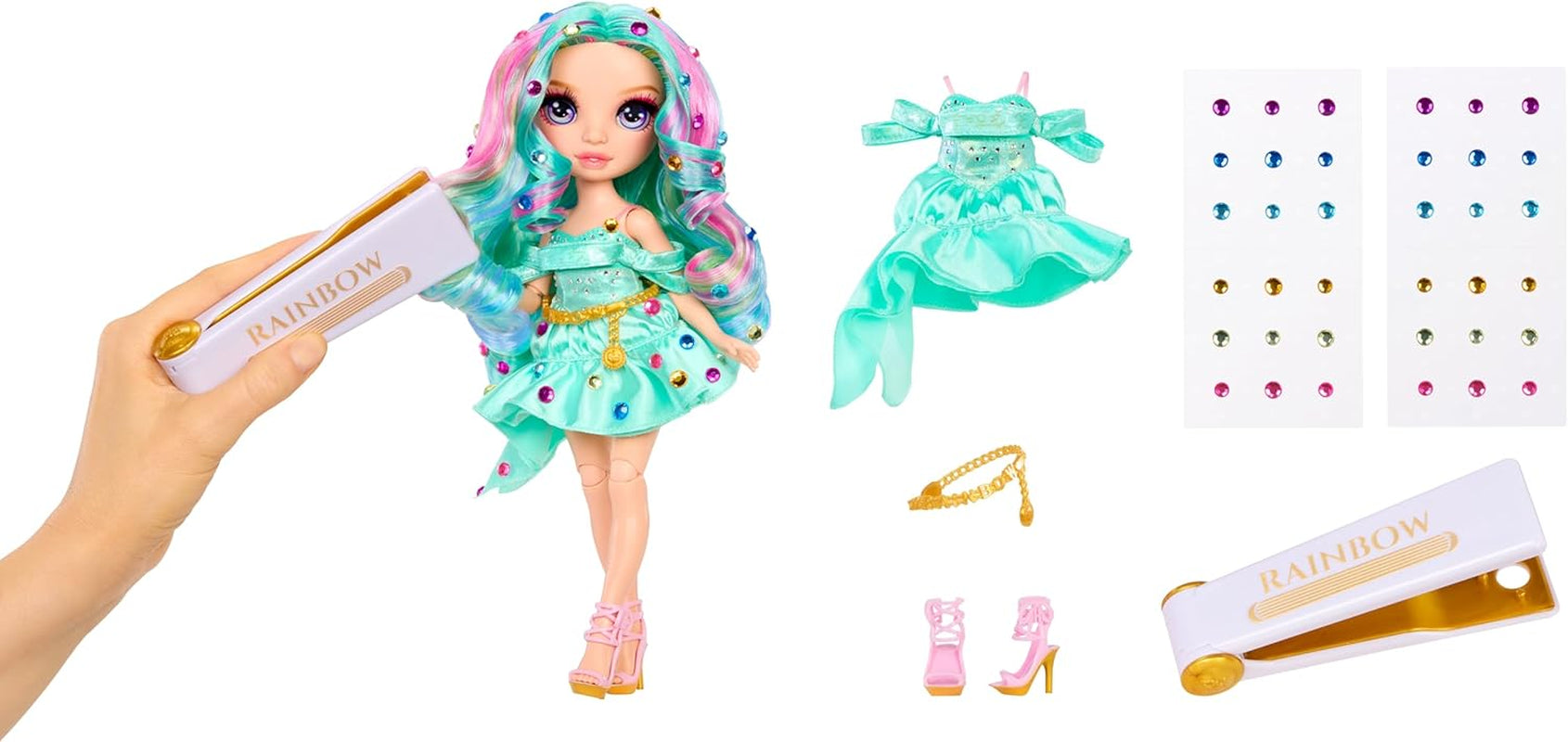 Poupée mannequin Rainbow High Be Dazzling - Celine Turquoise - Bleu-Vert, 28 cm, avec outil de décoration, pierres scintillantes et accessoires de coiffure