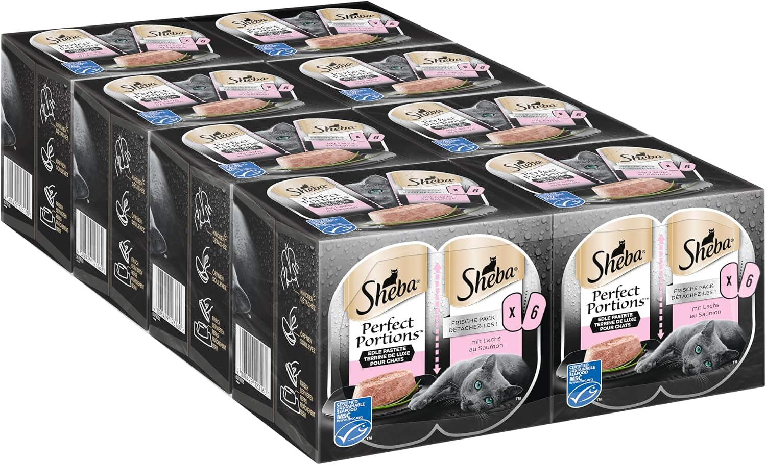 Pâté SHEBA Perfect PORTIONS pour chats au saumon, certifié MSC, 8 x 3 x (2 x 37,5g) = 225g (L'emballage sera mis à jour)