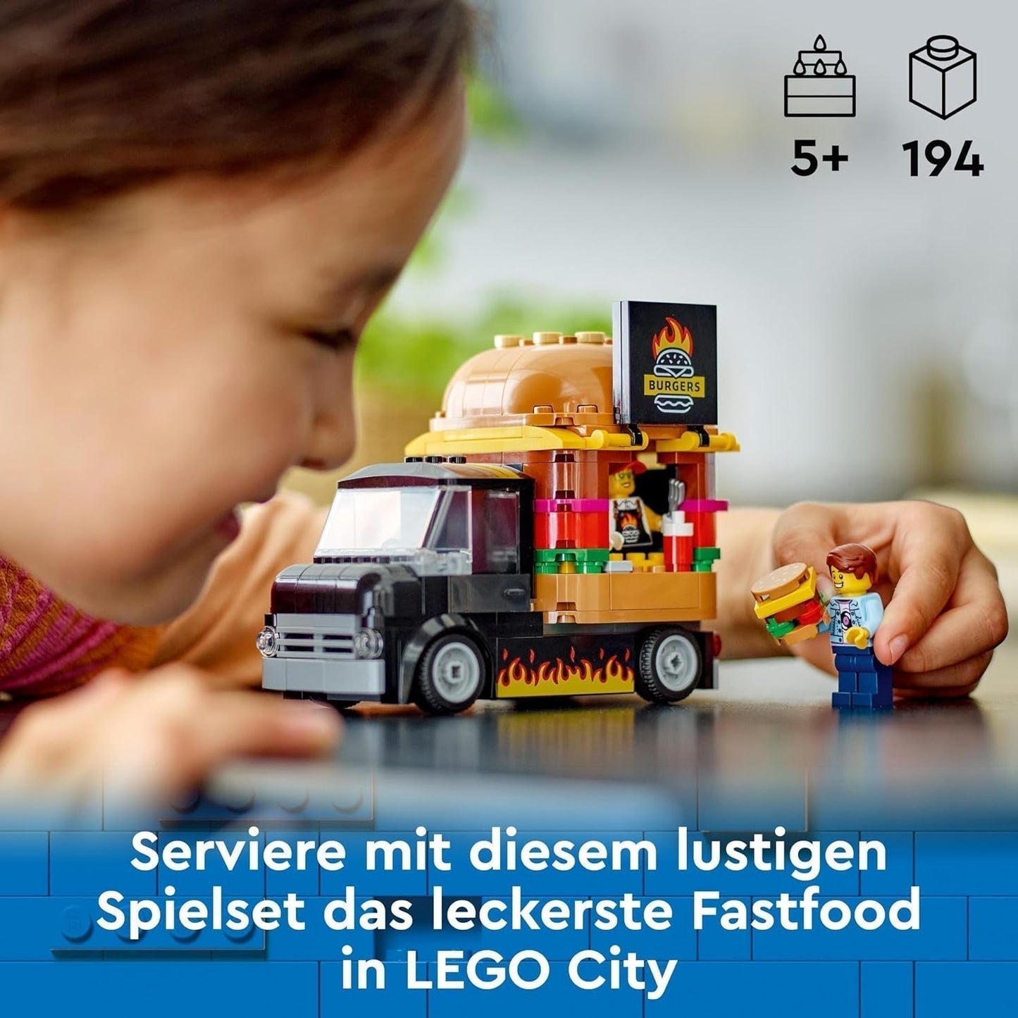 LEGO City Burger Truck - Ensemble de construction avec voiture jouet pour enfants de 5 ans, figurine et accessoires de camion de nourriture, cadeau amusant pour garçons et filles 60404 Jeux de construction Besuche den LEGO-Store