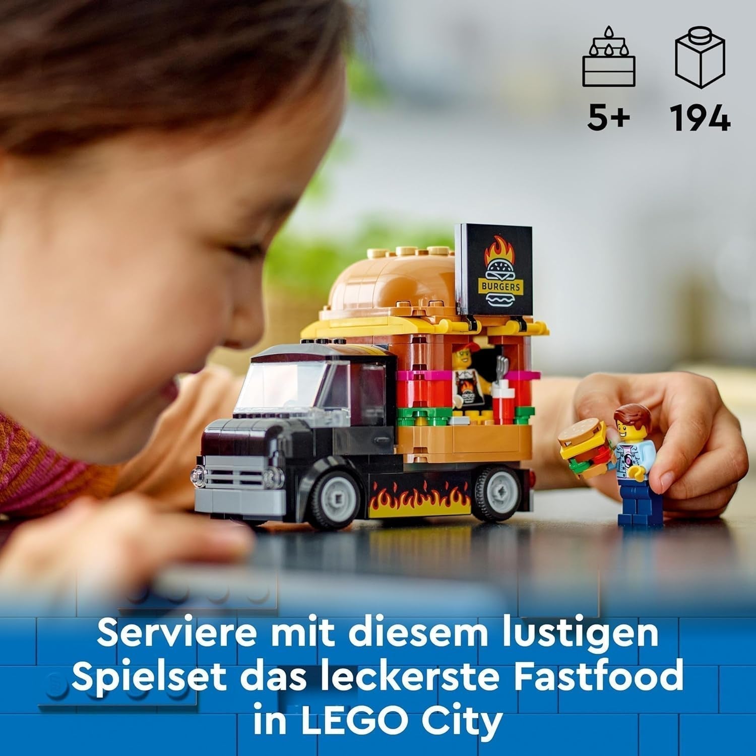 LEGO City Burger Truck - Ensemble de construction avec voiture jouet pour enfants de 5 ans, figurine et accessoires de camion de nourriture, cadeau amusant pour garçons et filles 60404 Jeux de construction Besuche den LEGO-Store