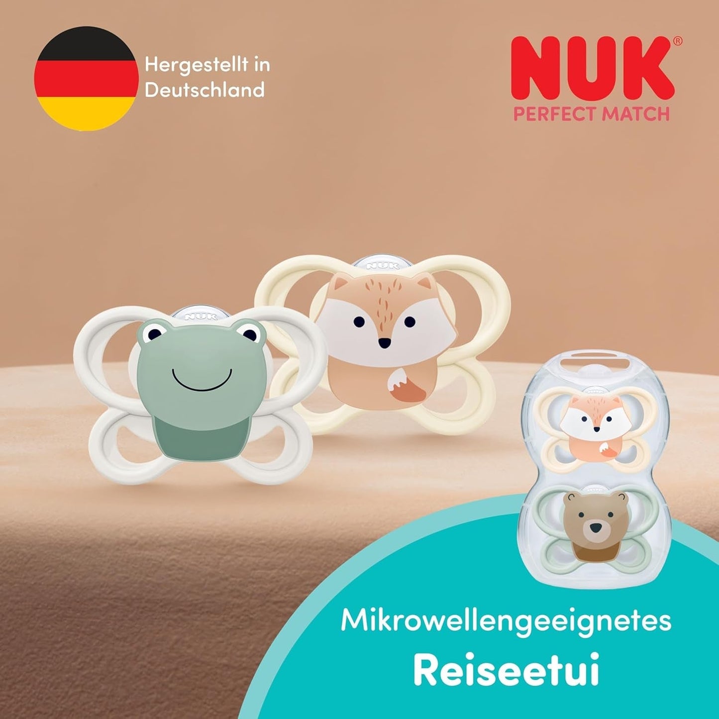 Sucettes NUK Perfect Match Air pour bébés | 0-6 mois | Orthodontic pacifiers that promote air circulation and prevent drooling | 95 % d'acceptation par les bébés** | Renard/ours en peluche | Paquet de 2