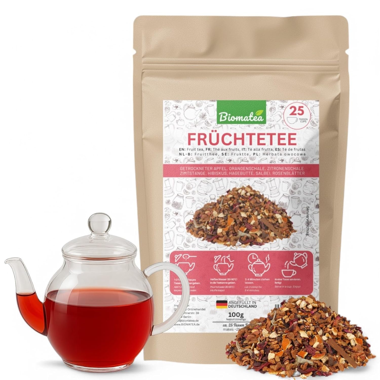 Thé aux Fruits – 100g Mélange de fruits aromatisé à la pomme, à l'hibiscus et à la cannelle – Sachet Ziplock, env. 25 tasses – Sans additifs, emballées en Allemagne