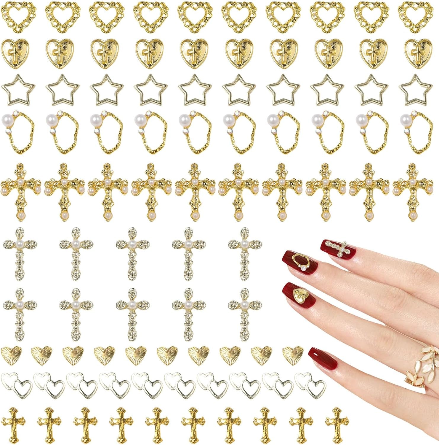 Breloques à ongles dorées, 80 pièces, croix, cœur, vierge marie, pierres précieuses en alliage métallique, accessoires pour manucure, décorations de conception, artisanat à faire soi-même