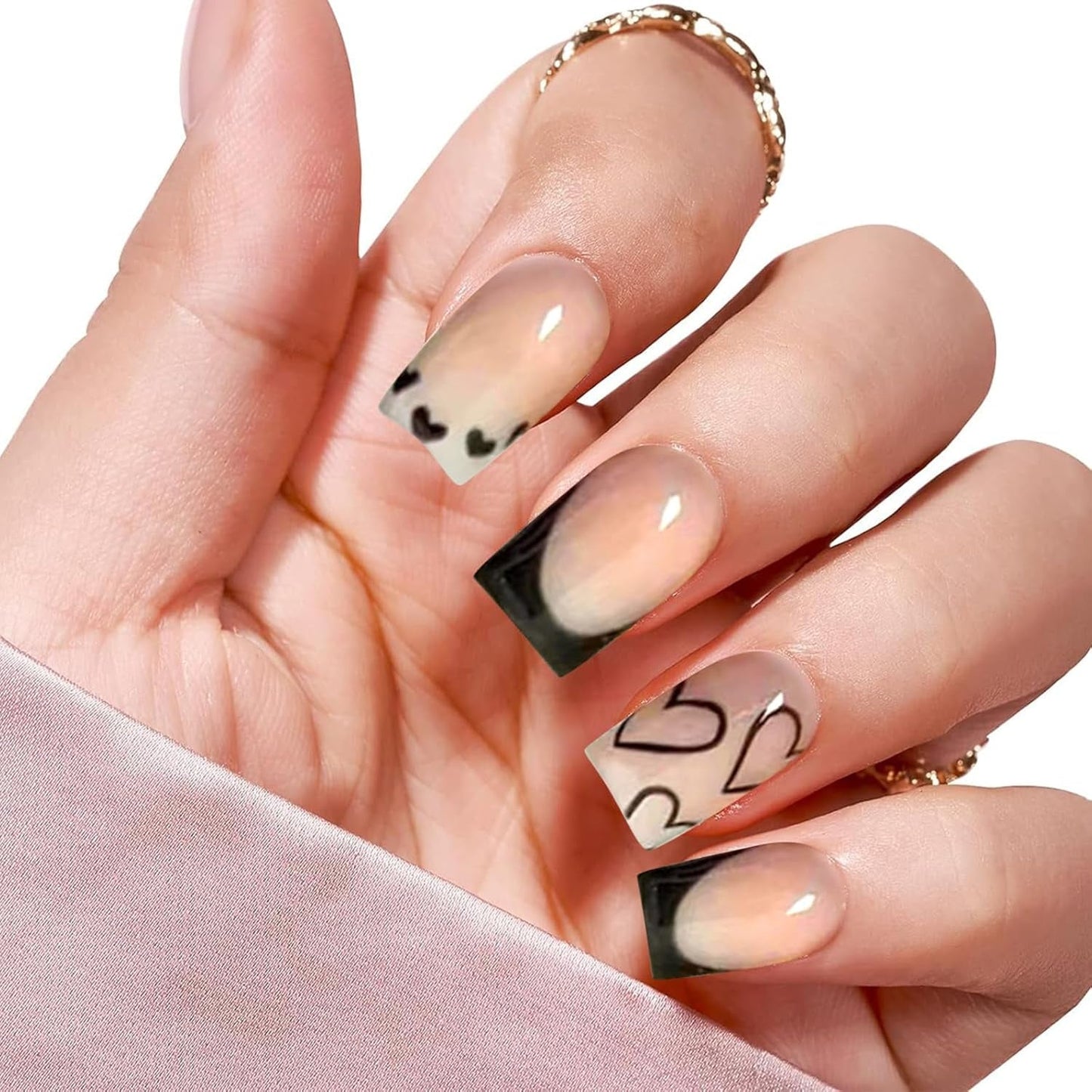 Faux ongles à pointe française carrée courte, 24 pièces, Design cœur blanc, ongles noirs en acrylique, couverture complète