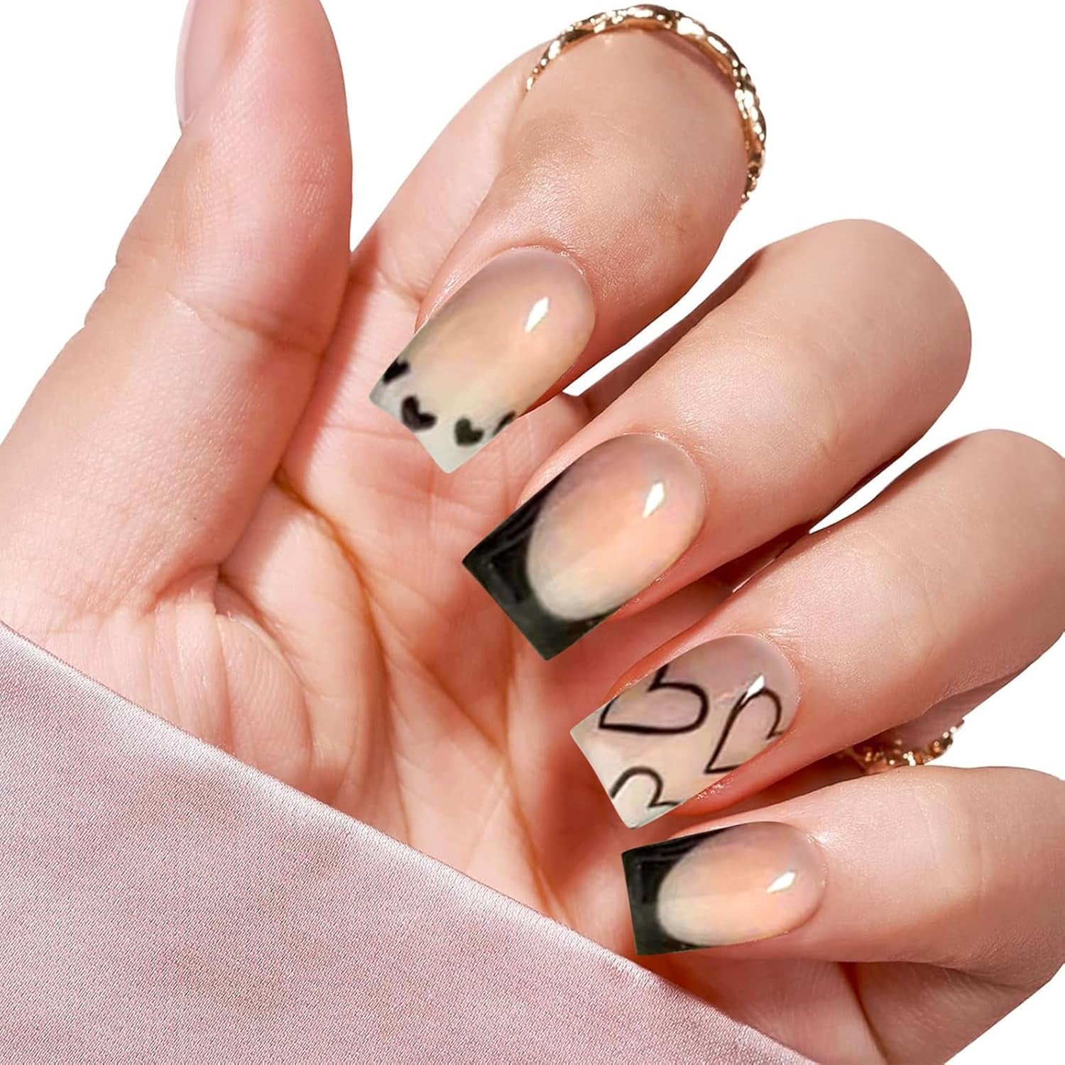 Faux ongles à pointe française carrée courte, 24 pièces, Design cœur blanc, ongles noirs en acrylique, couverture complète