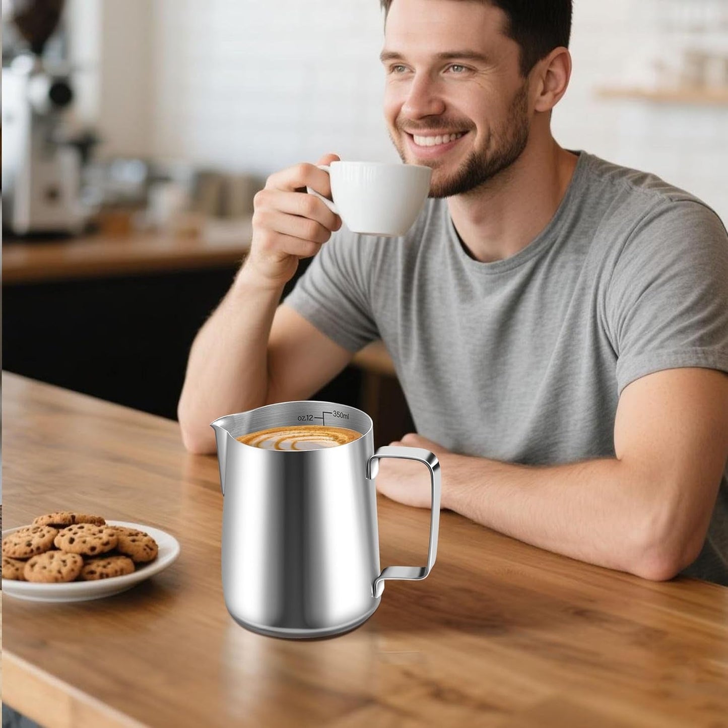 Tasse à lait, tasse à lait en acier inoxydable de 350 ml avec marque de mesure, accessoire Barista, tasse à lait pour cappuccino, expresso, latte art, amateurs de café, argent, 355 ml