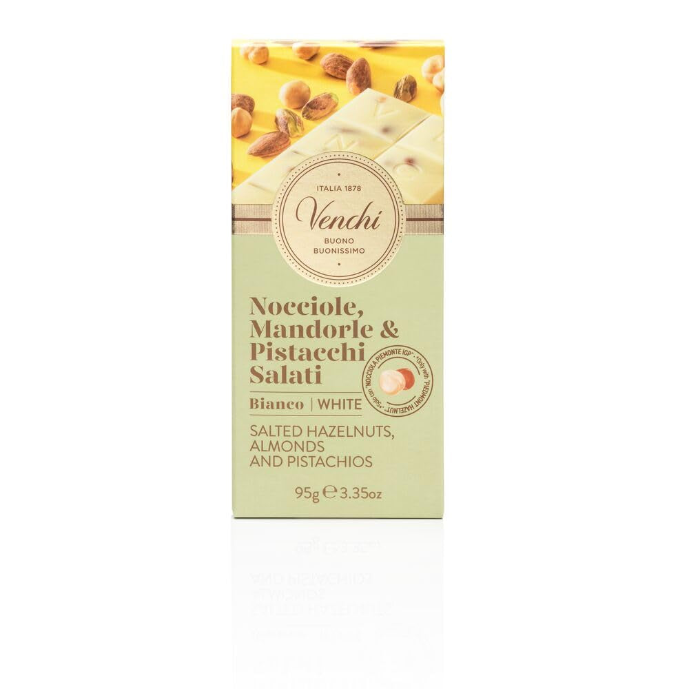 Venchi - Barre aux Noisettes Salées, Noisettes Salées, Amandes et Pistaches, 95g, aux "Noisettes du Piémont", Sans Gluten, Sans Colorants Artificiels et Sans Conservateurs