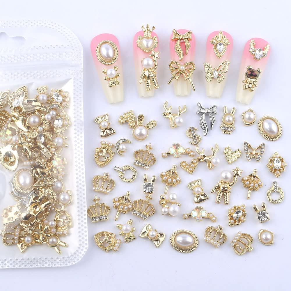 50 pièces de breloques à ongles dorées, mélange de styles, pierres scintillantes, perles, jambes, pierre de naissance, fleurs, strass, perles, bijoux, bijoux, décoration d'ongles DIY pour femmes